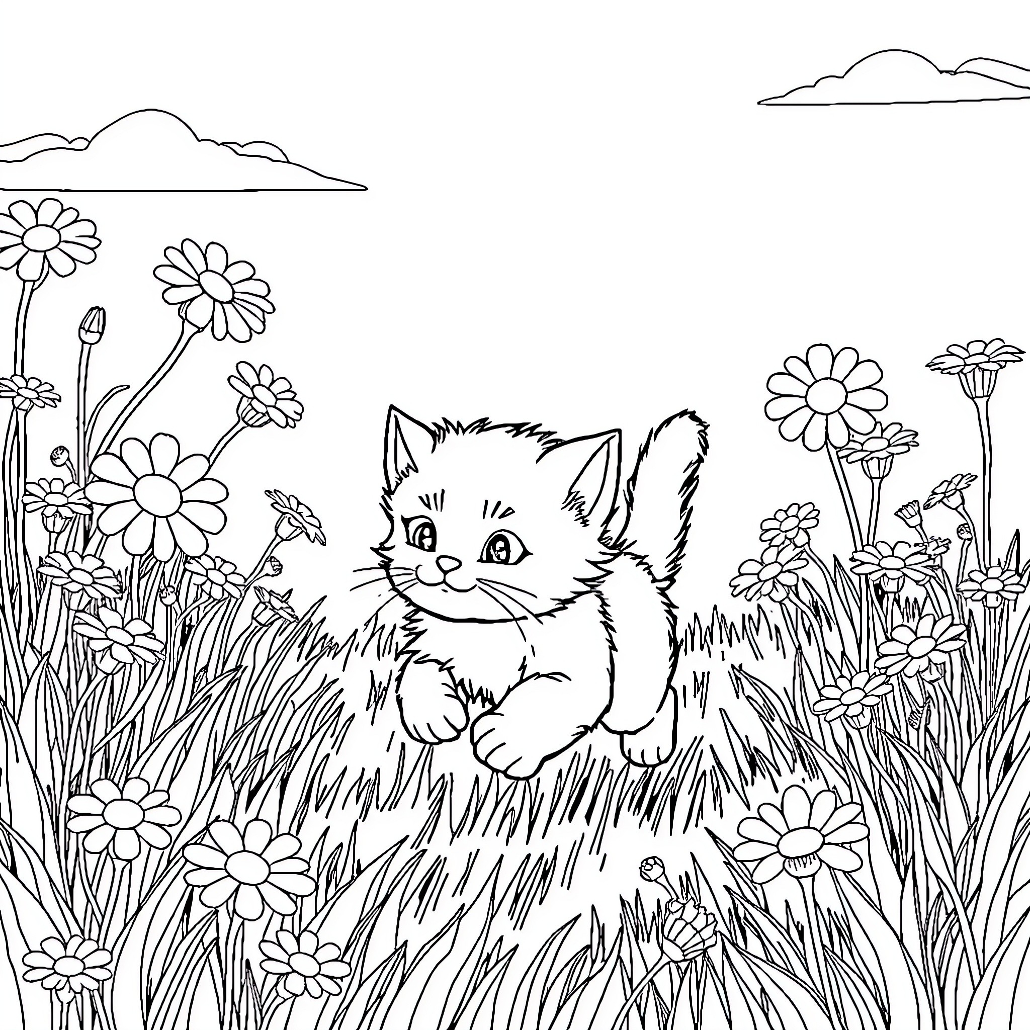 Kitten exploring the floral meadow Coloring Page (free black-and-white line drawing printable PDF for all, from beginners to advanced learners, including children, teens, adults, and seniors)
