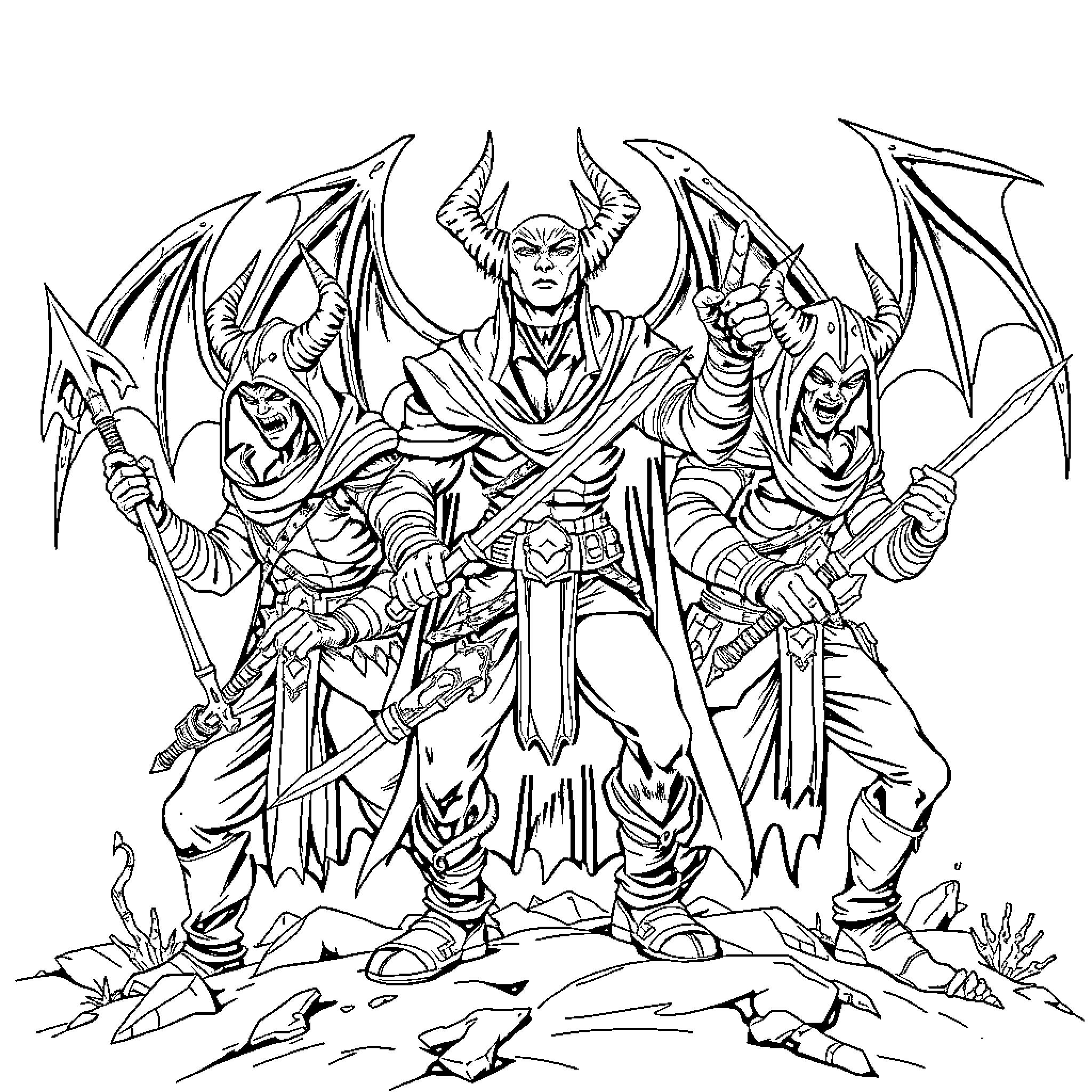 Demon Hunter Leads Fierce Demonic Army Coloring Page (free black-and-white line drawing printable PDF for all, from beginners to advanced learners, including children, teens, adults, and seniors)
