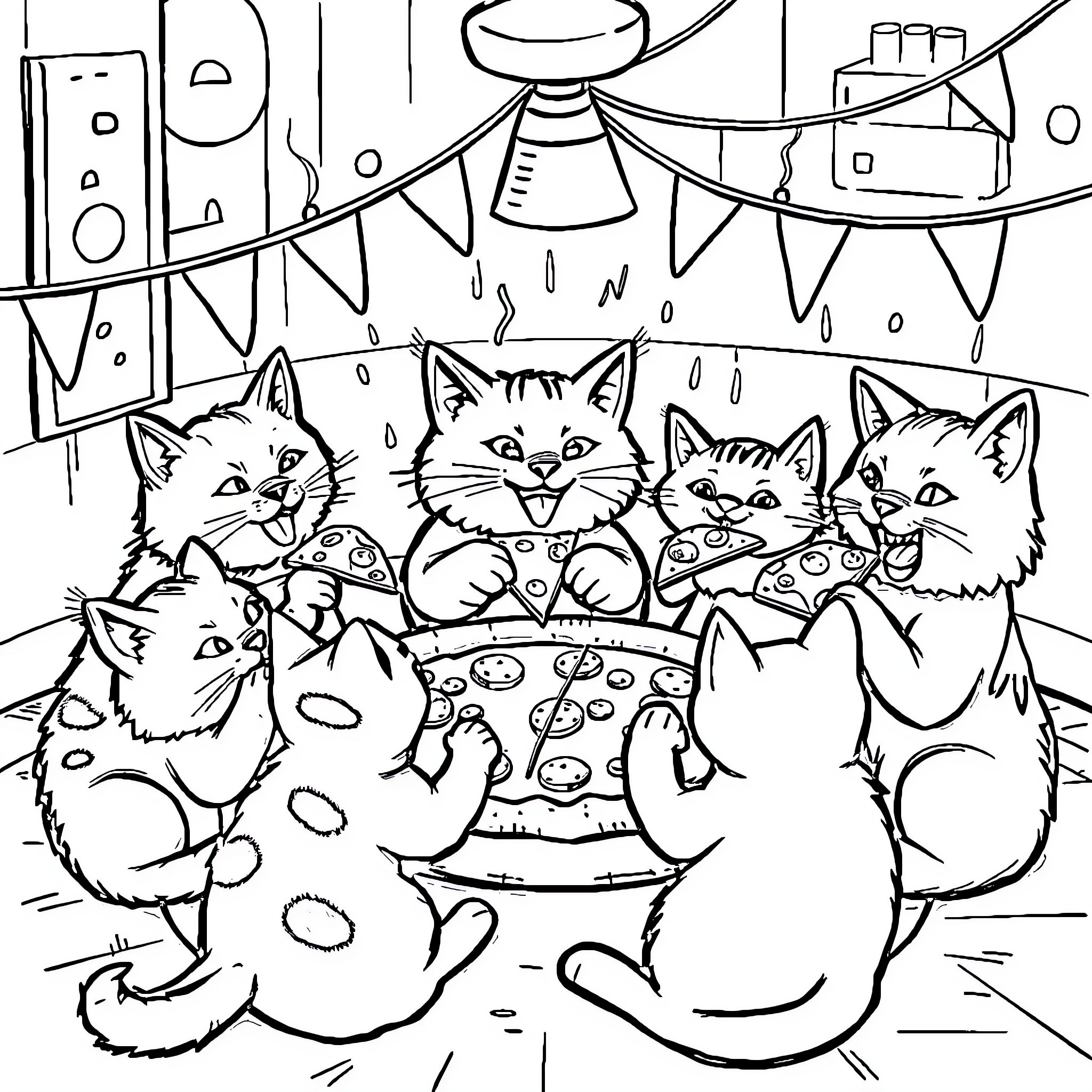 Cat Party with Pizza and Celebration Coloring Page (free black-and-white line drawing printable PDF for all, from beginners to advanced learners, including children, teens, adults, and seniors)