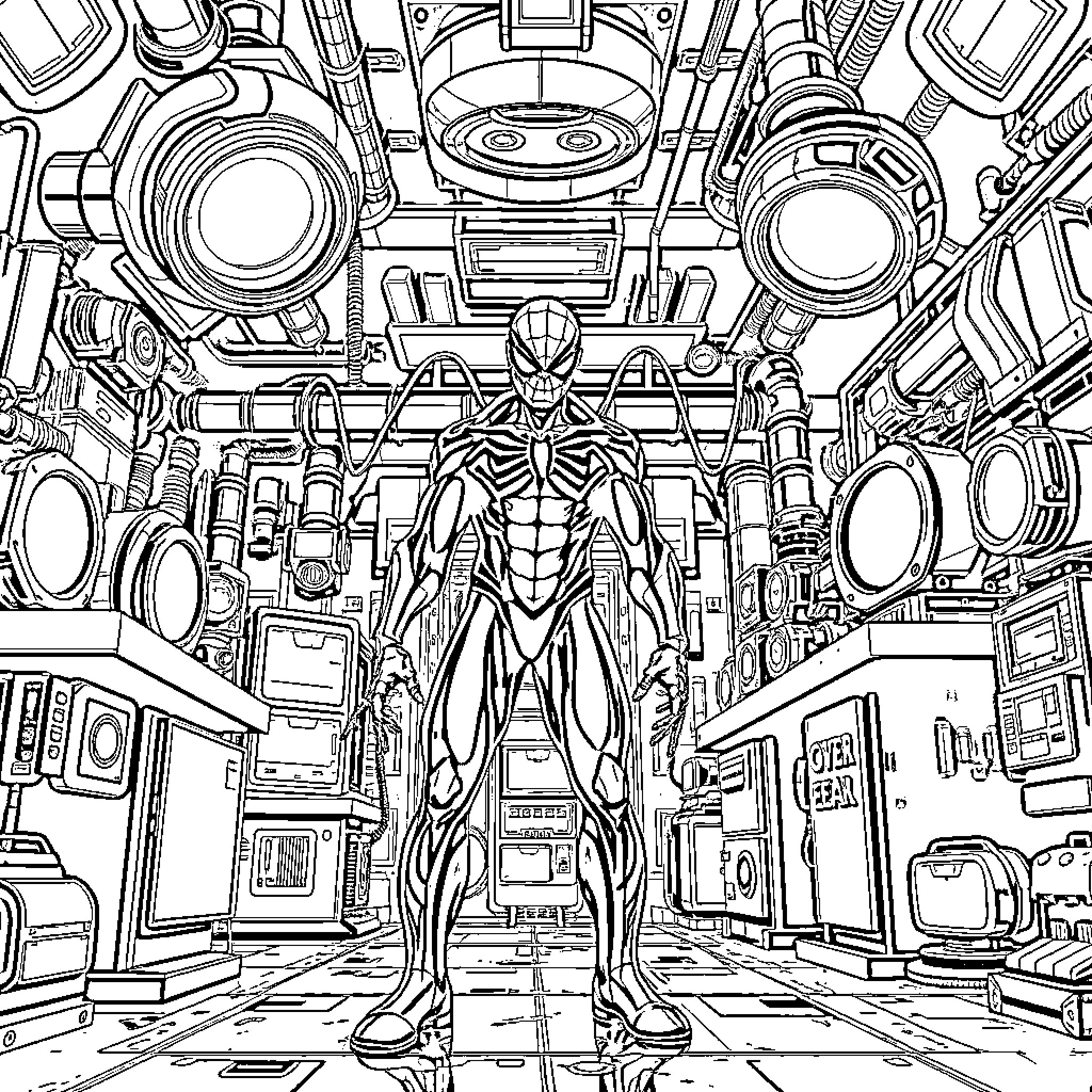 Goblin Warrior in Futuristic Sci-Fi Cockpit Coloring Page (free black-and-white line drawing printable PDF for all, from beginners to advanced learners, including children, teens, adults, and seniors)