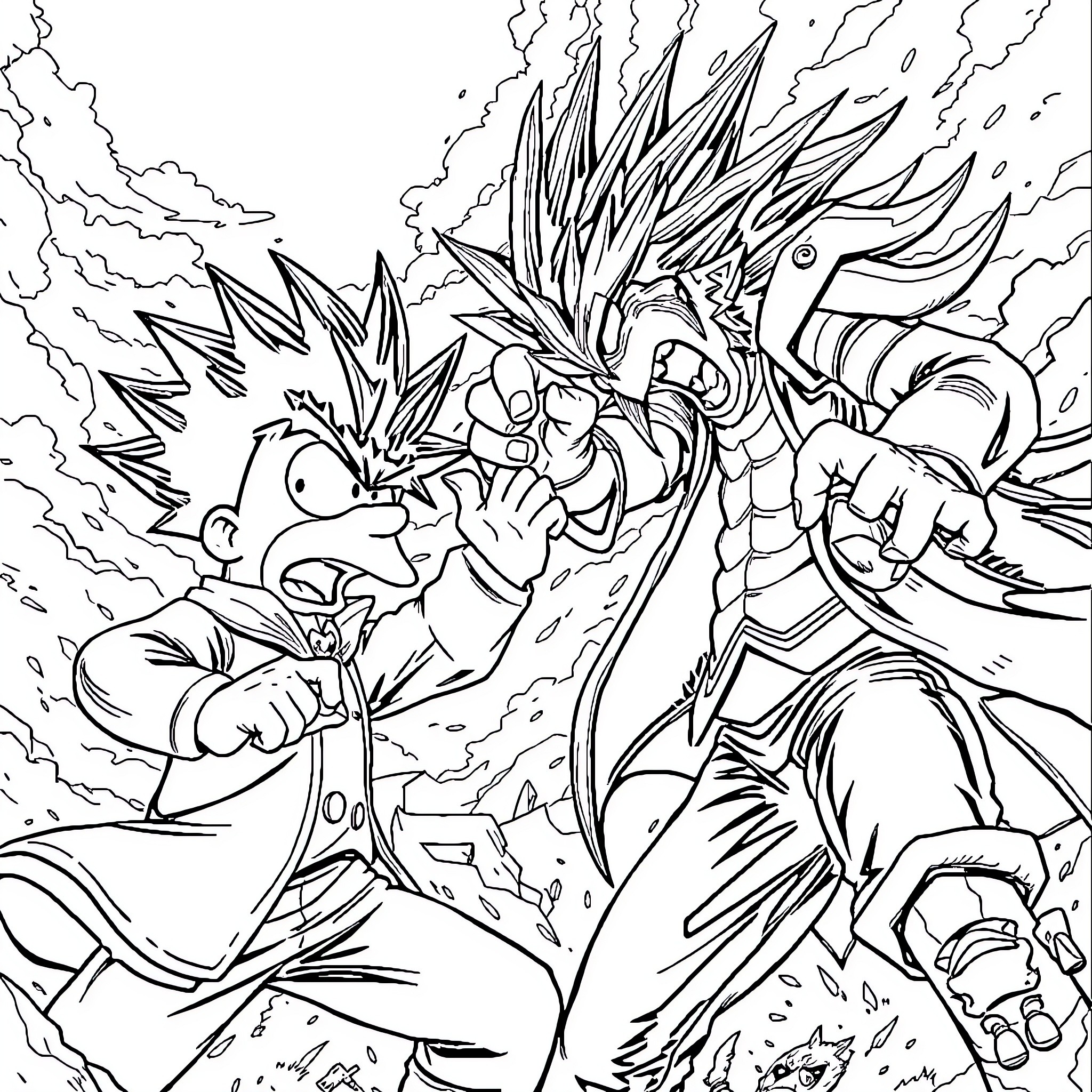 Kaiba Unleashing Fierce Power in Dramatic Battle Coloring Page (free black-and-white line drawing printable PDF for all, from beginners to advanced learners, including children, teens, adults, and seniors)