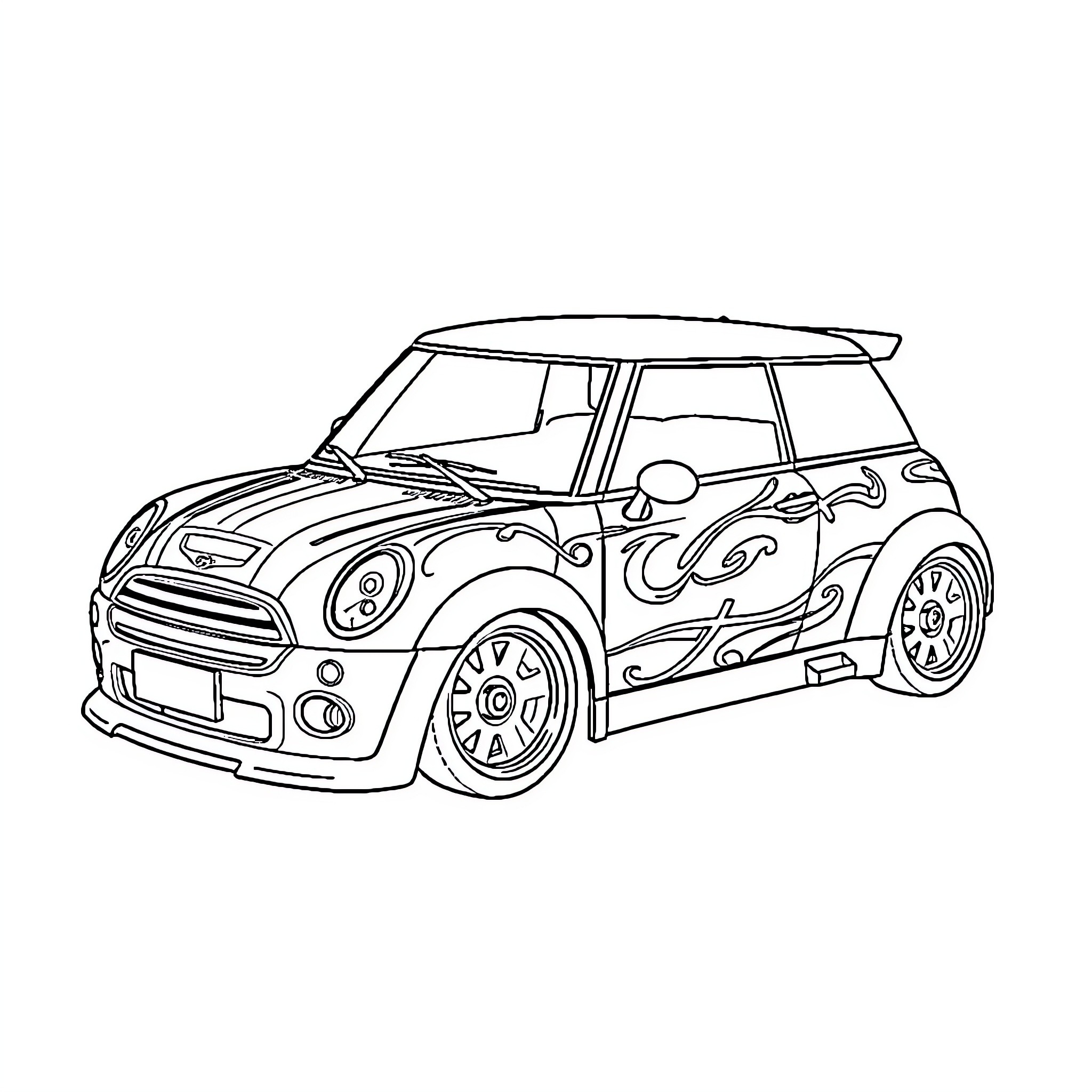 RC Car with Stylized Decals and Accessories Coloring Page (free black-and-white line drawing printable PDF for all, from beginners to advanced learners, including children, teens, adults, and seniors)
