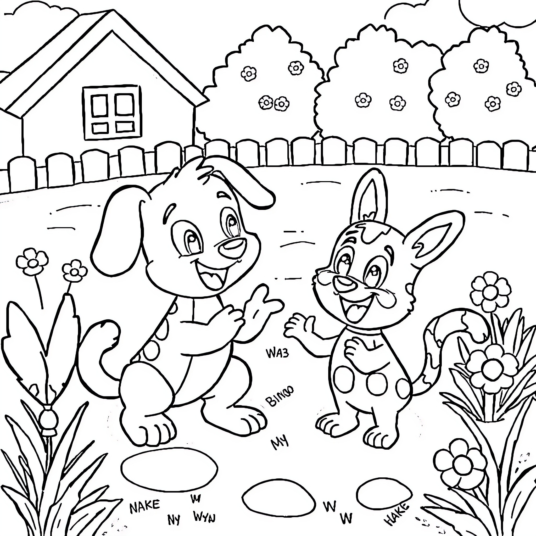 Bluey and Bingo's Playful Adventure in the Backyard Coloring Page (free black-and-white line drawing printable PDF for all, from beginners to advanced learners, including children, teens, adults, and seniors)