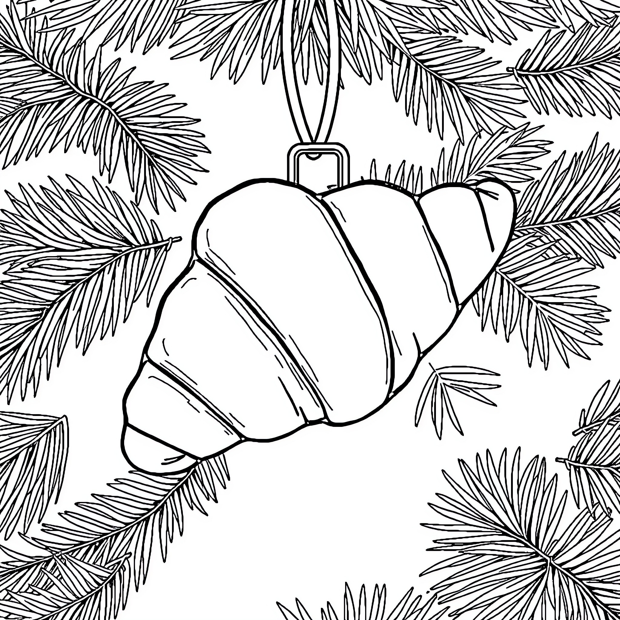 Croissant-shaped ornament hanging from pine tree branches Coloring Page (free black-and-white line drawing printable PDF for all, from beginners to advanced learners, including children, teens, adults, and seniors)