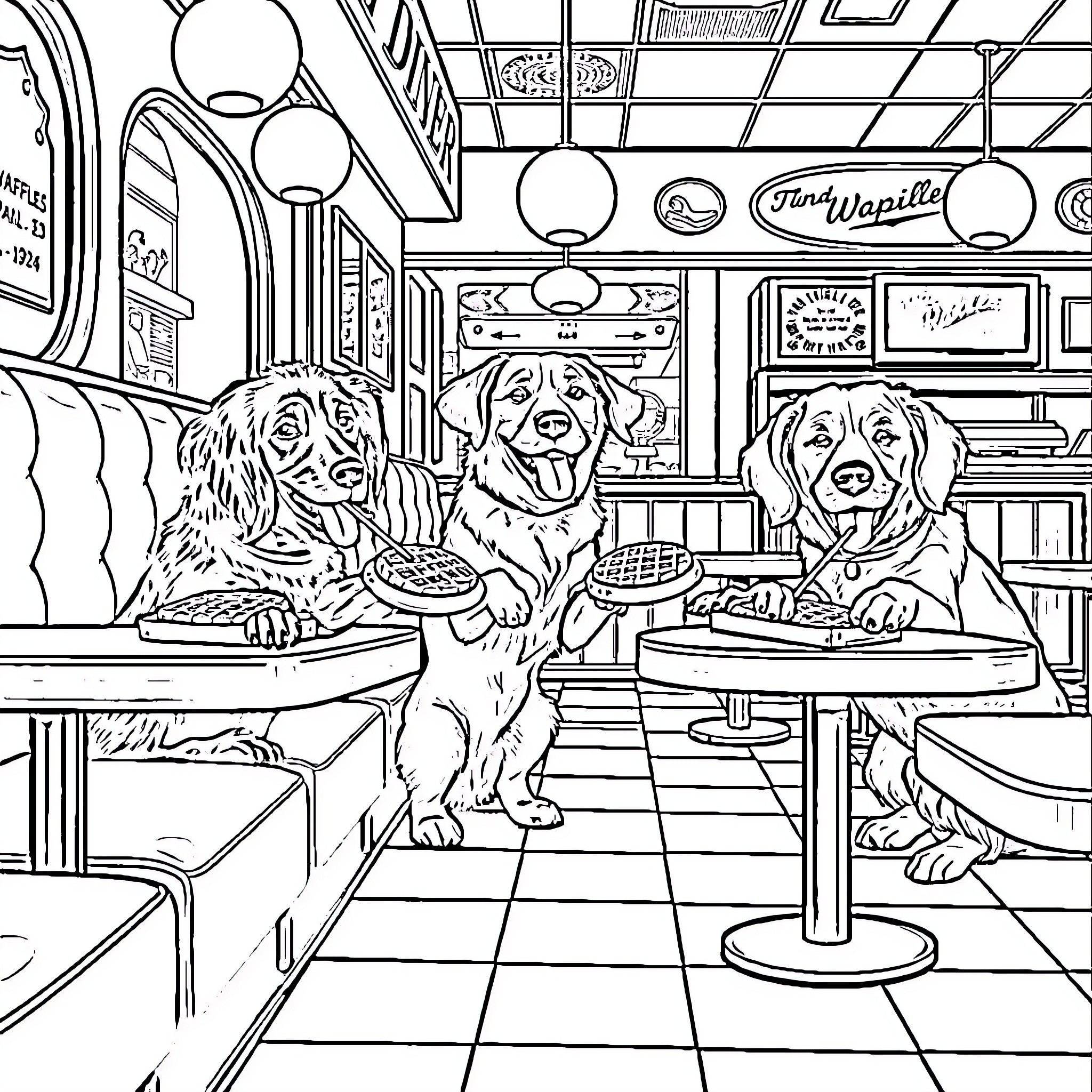 Dog friends enjoying a meal at the diner Coloring Page (free black-and-white line drawing printable PDF for all, from beginners to advanced learners, including children, teens, adults, and seniors)