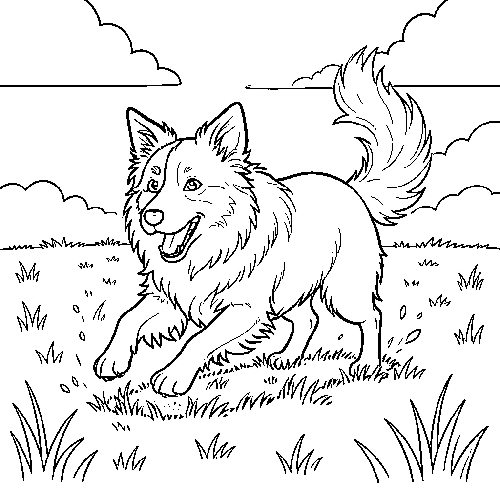 Border Collie running happily in the field Coloring Page (free black-and-white line drawing printable PDF for all, from beginners to advanced learners, including children, teens, adults, and seniors)