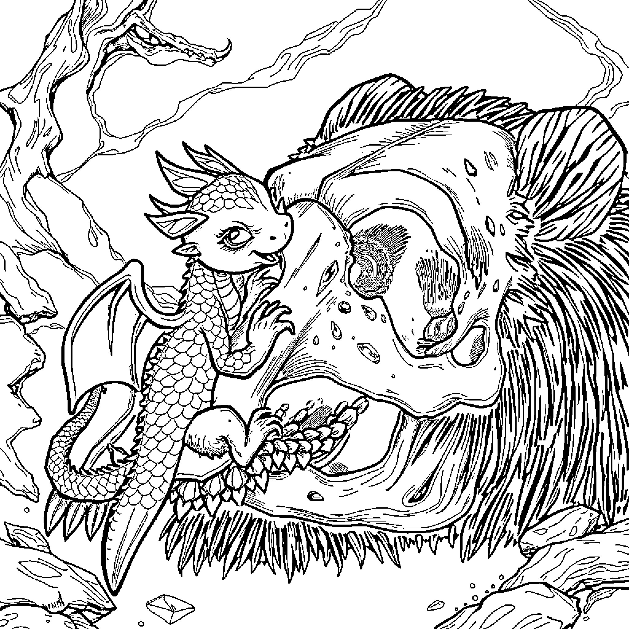 Dragon in combat with mythical creature Coloring Page (free black-and-white line drawing printable PDF for all, from beginners to advanced learners, including children, teens, adults, and seniors)