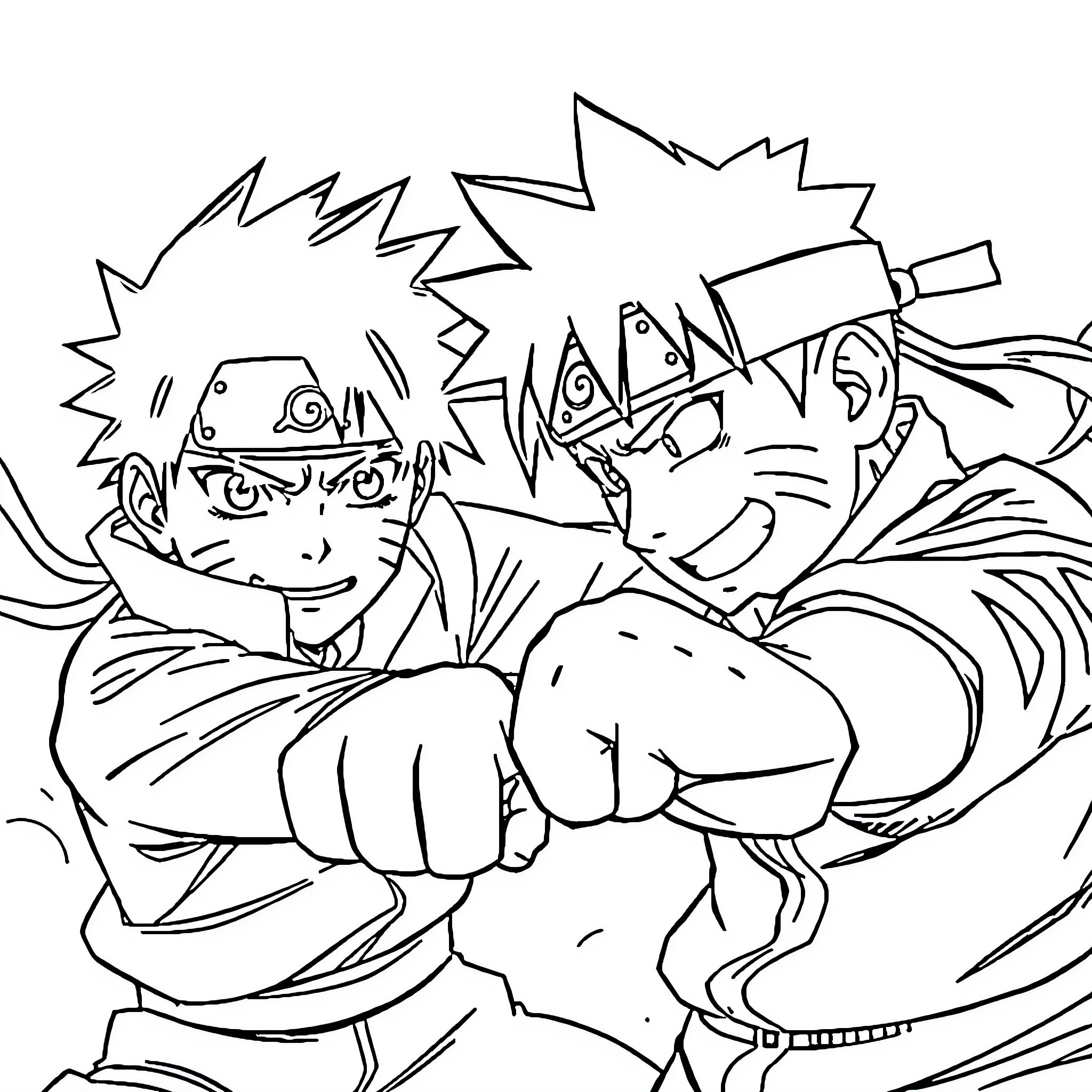Deku and Katsuki engaged in intense confrontation Coloring Page (free black-and-white line drawing printable PDF for all, from beginners to advanced learners, including children, teens, adults, and seniors)