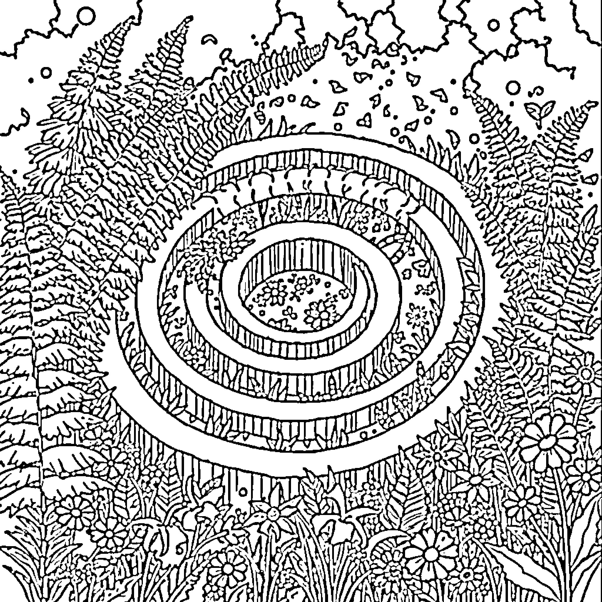 Labyrinth of intricate patterns and organic forms Coloring Page (free black-and-white line drawing printable PDF for all, from beginners to advanced learners, including children, teens, adults, and seniors)