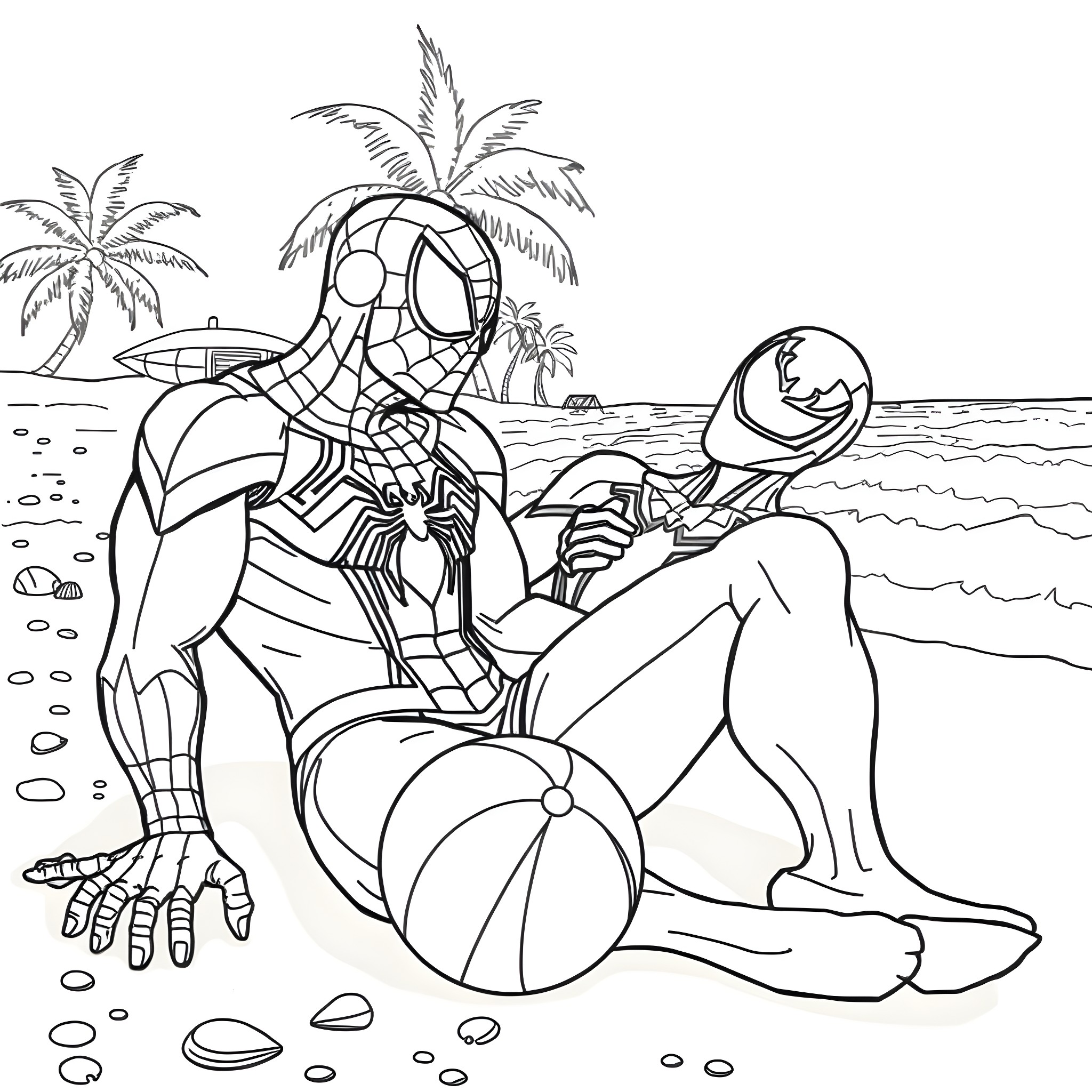 Spiderman relaxing on the beach Coloring Page (free black-and-white line drawing printable PDF for all, from beginners to advanced learners, including children, teens, adults, and seniors)