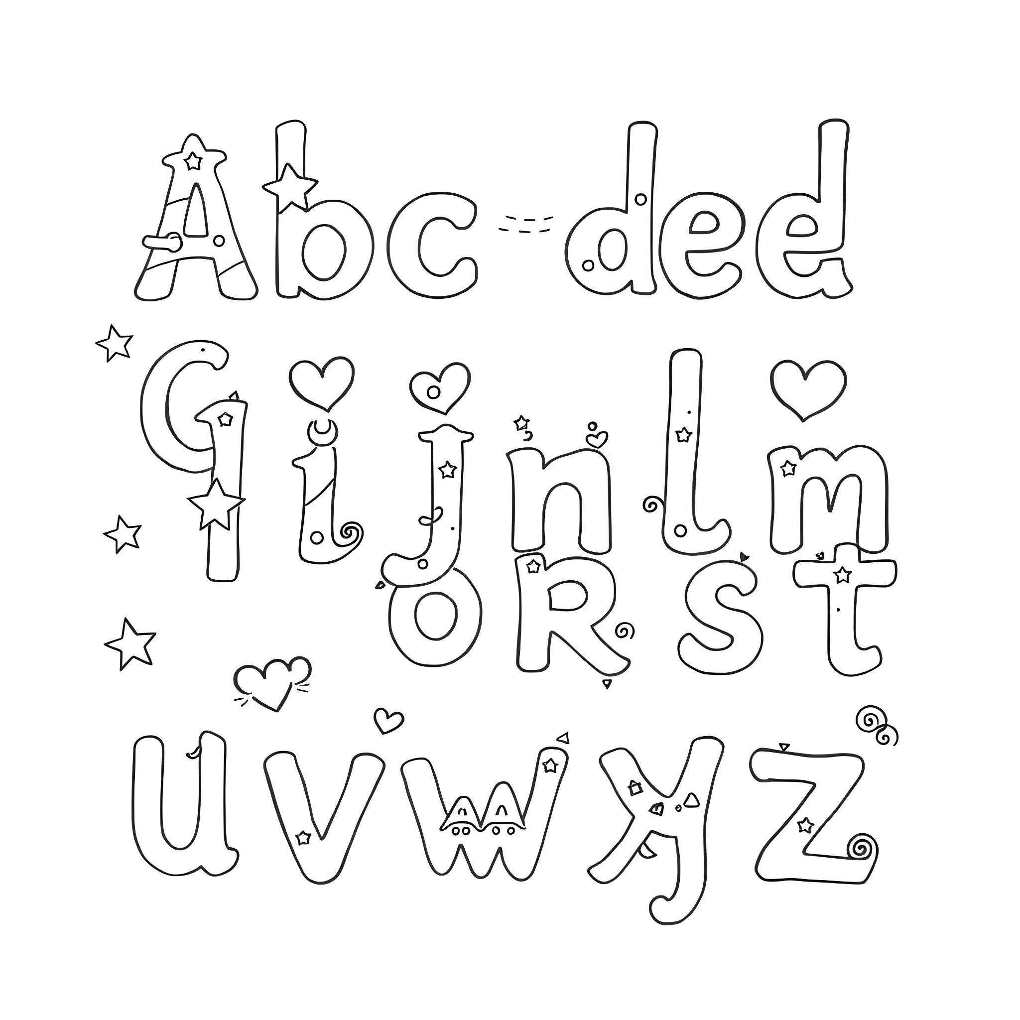 Western Alphabet with Decorative Elements Coloring Page (free black-and-white line drawing printable PDF for all, from beginners to advanced learners, including children, teens, adults, and seniors)