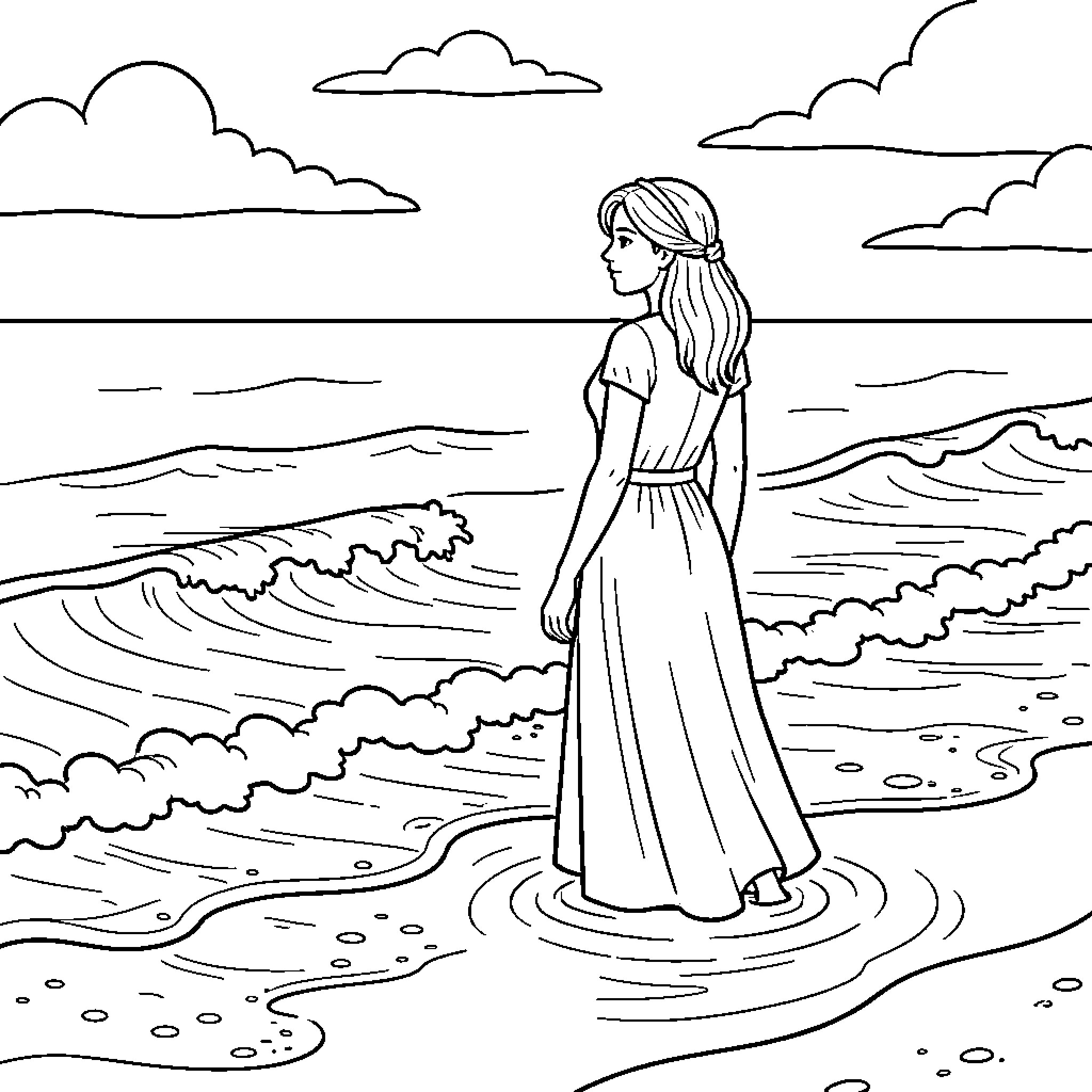Wife standing peacefully by the ocean waves Coloring Page (free black-and-white line drawing printable PDF for all, from beginners to advanced learners, including children, teens, adults, and seniors)