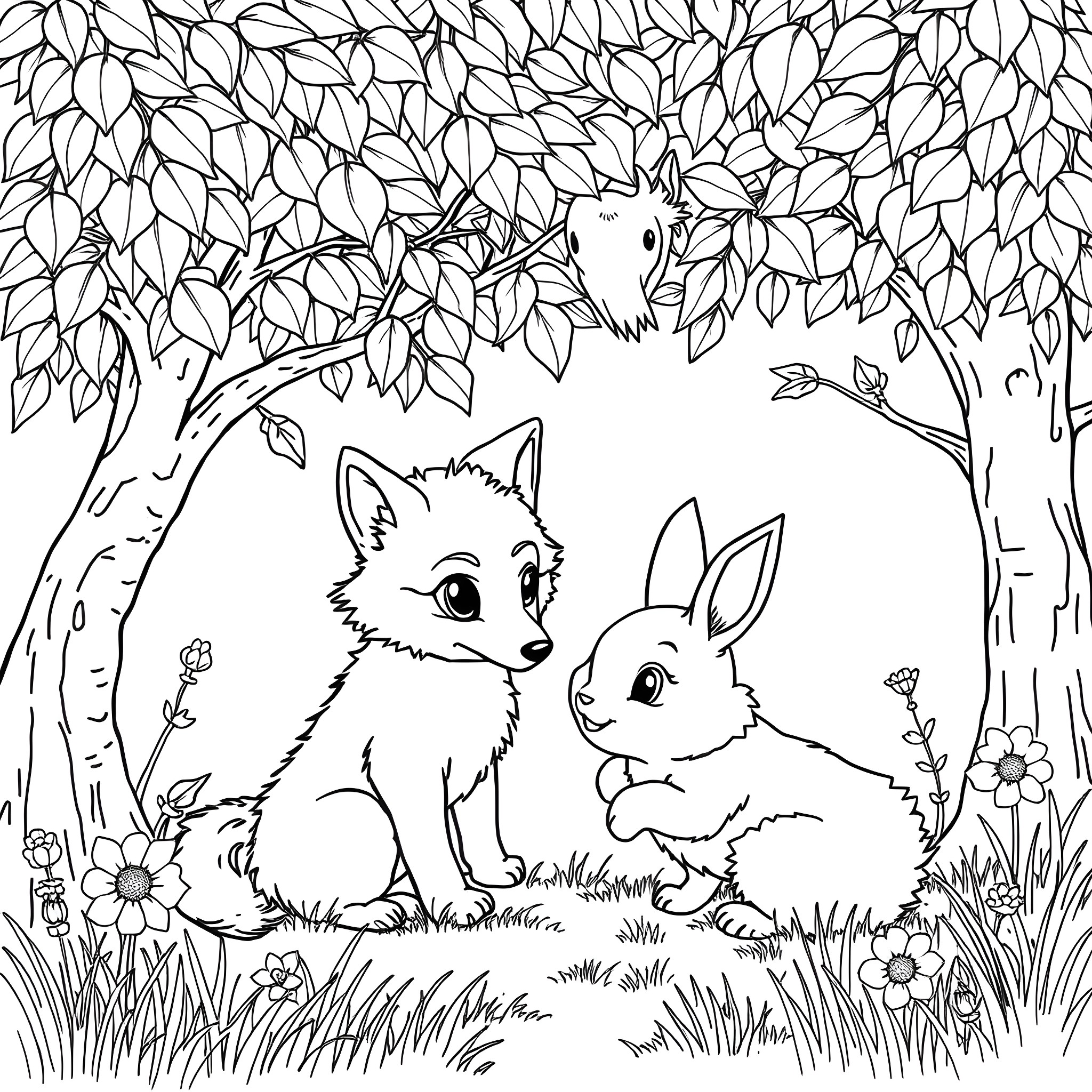 Wolf Pups Playing Amongst Leaves and Flowers Coloring Page (free black-and-white line drawing printable PDF for all, from beginners to advanced learners, including children, teens, adults, and seniors)