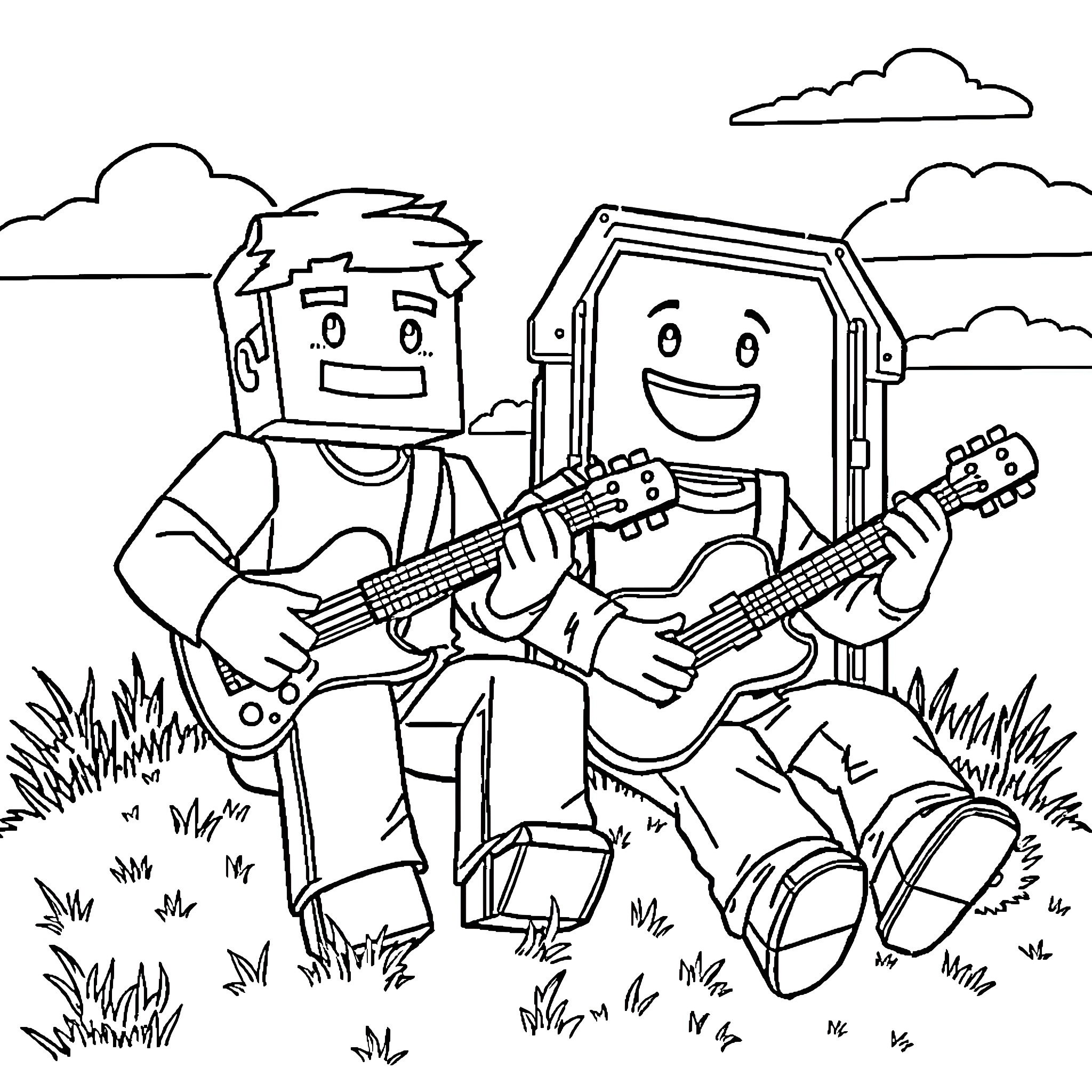 Steve and his friend jamming with guitars in the park Coloring Page (free black-and-white line drawing printable PDF for all, from beginners to advanced learners, including children, teens, adults, and seniors)