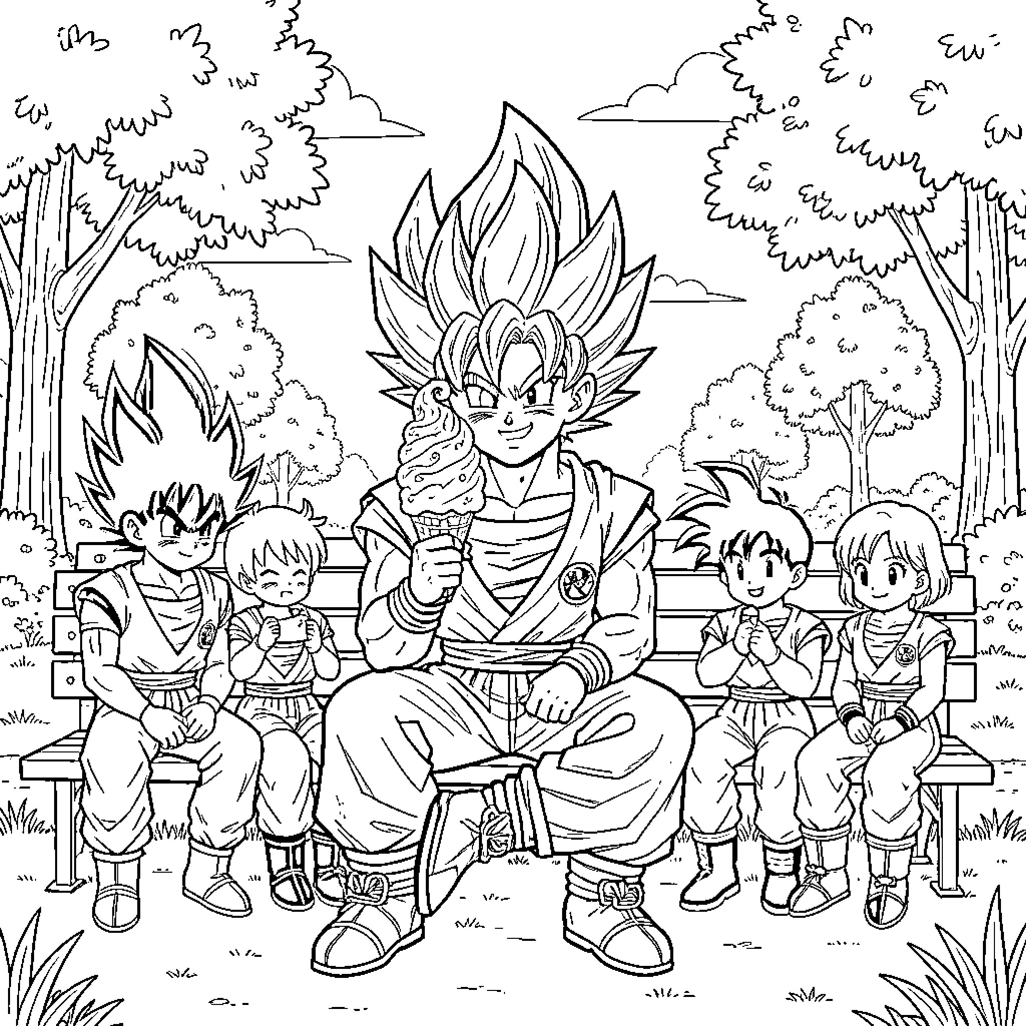 Super Saiyan Family Gathering in Outdoor Park Coloring Page (free black-and-white line drawing printable PDF for all, from beginners to advanced learners, including children, teens, adults, and seniors)