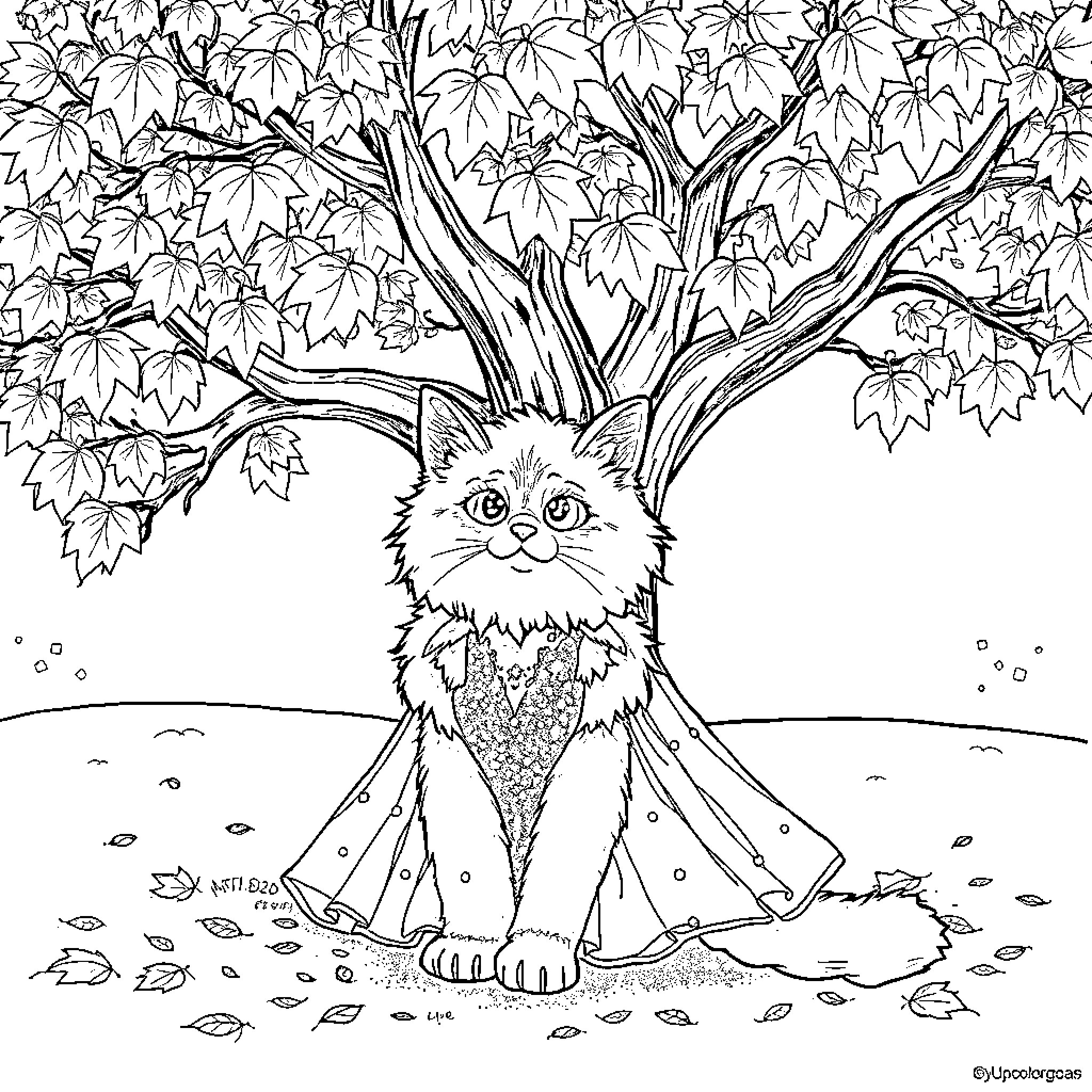 Cat peeking through autumn leaves Coloring Page (free black-and-white line drawing printable PDF for all, from beginners to advanced learners, including children, teens, adults, and seniors)