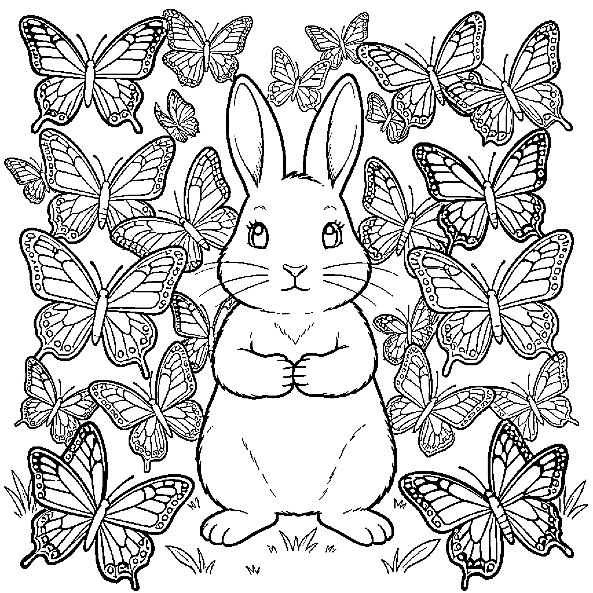 Butterfly swarm surrounding a cute sitting rabbit Coloring Page (free black-and-white line drawing printable PDF for all, from beginners to advanced learners, including children, teens, adults, and seniors)