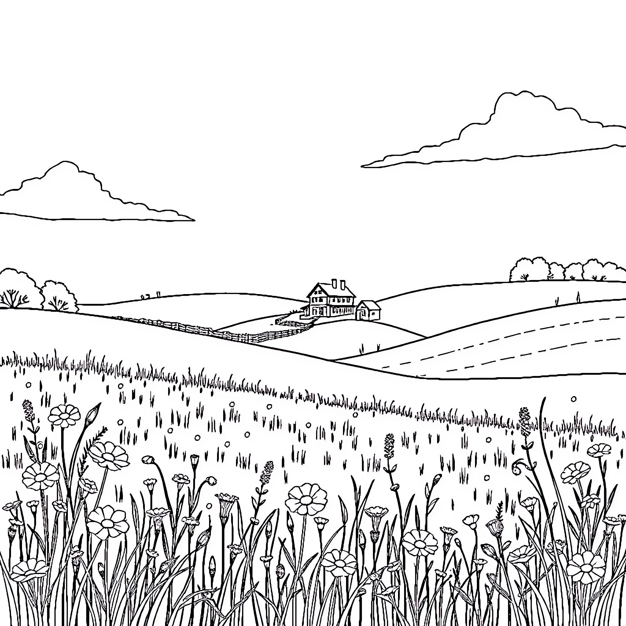 Farmhouse scenic landscape with meadow flowers Coloring Page (free black-and-white line drawing printable PDF for all, from beginners to advanced learners, including children, teens, adults, and seniors)