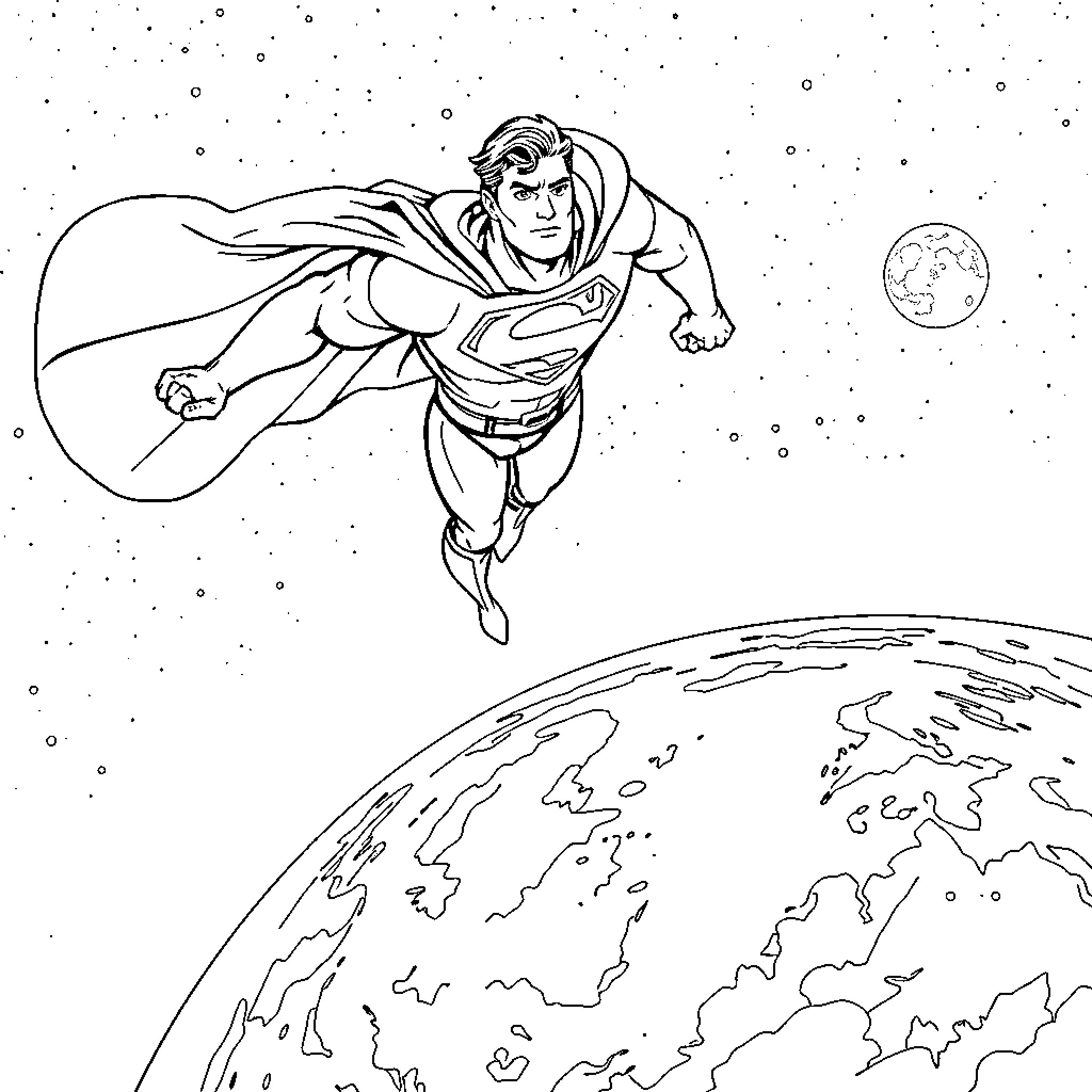 Superman soaring through the starry night sky Coloring Page (free black-and-white line drawing printable PDF for all, from beginners to advanced learners, including children, teens, adults, and seniors)