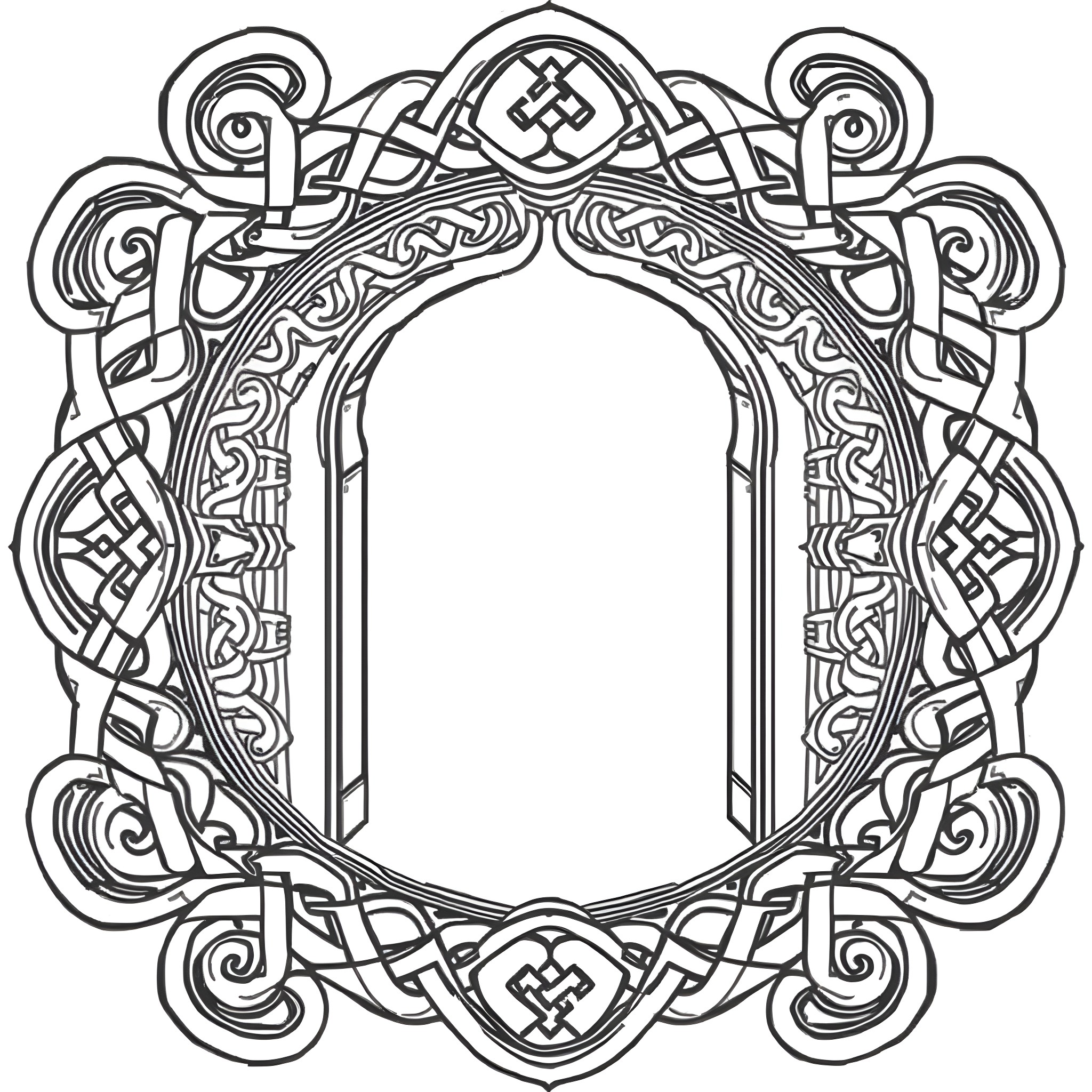 Celtic Knot Ornate Arch Frame Coloring Page (free black-and-white line drawing printable PDF for all, from beginners to advanced learners, including children, teens, adults, and seniors)