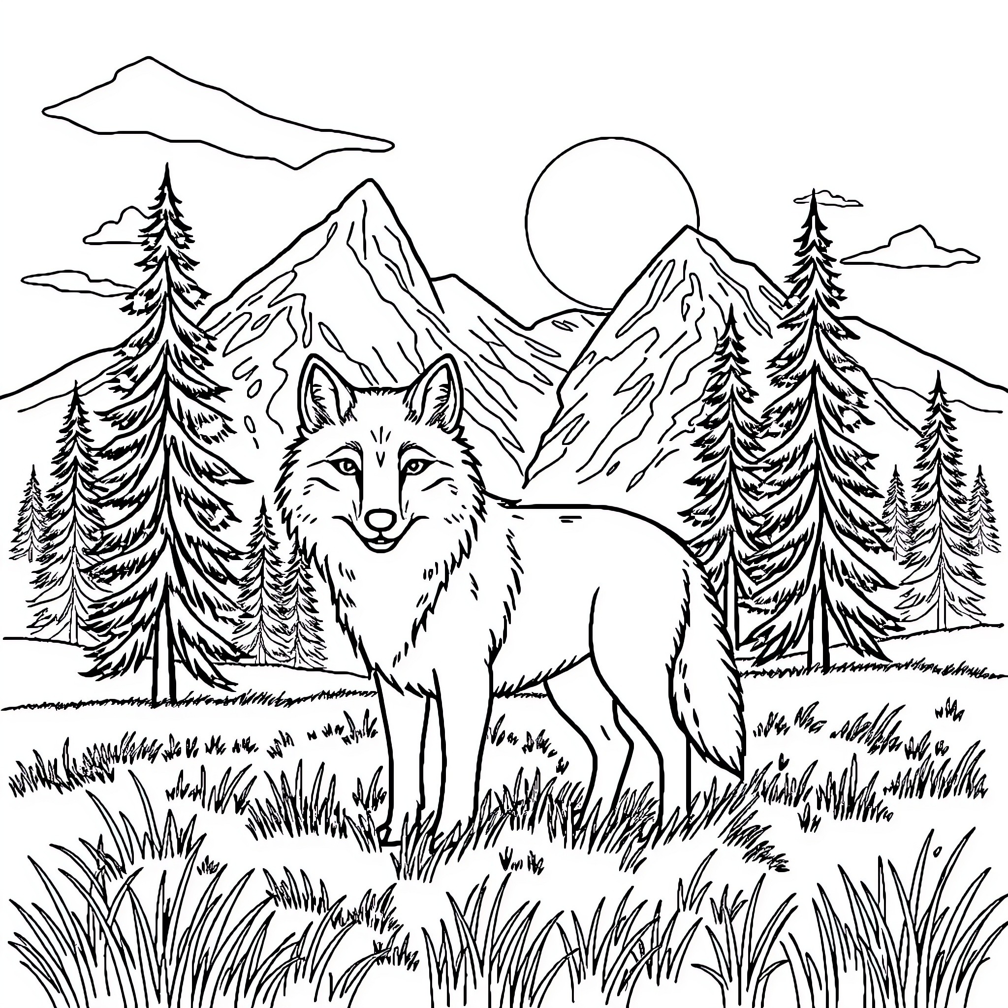 Wolf in the Snowy Mountain Landscape Coloring Page (free black-and-white line drawing printable PDF for all, from beginners to advanced learners, including children, teens, adults, and seniors)