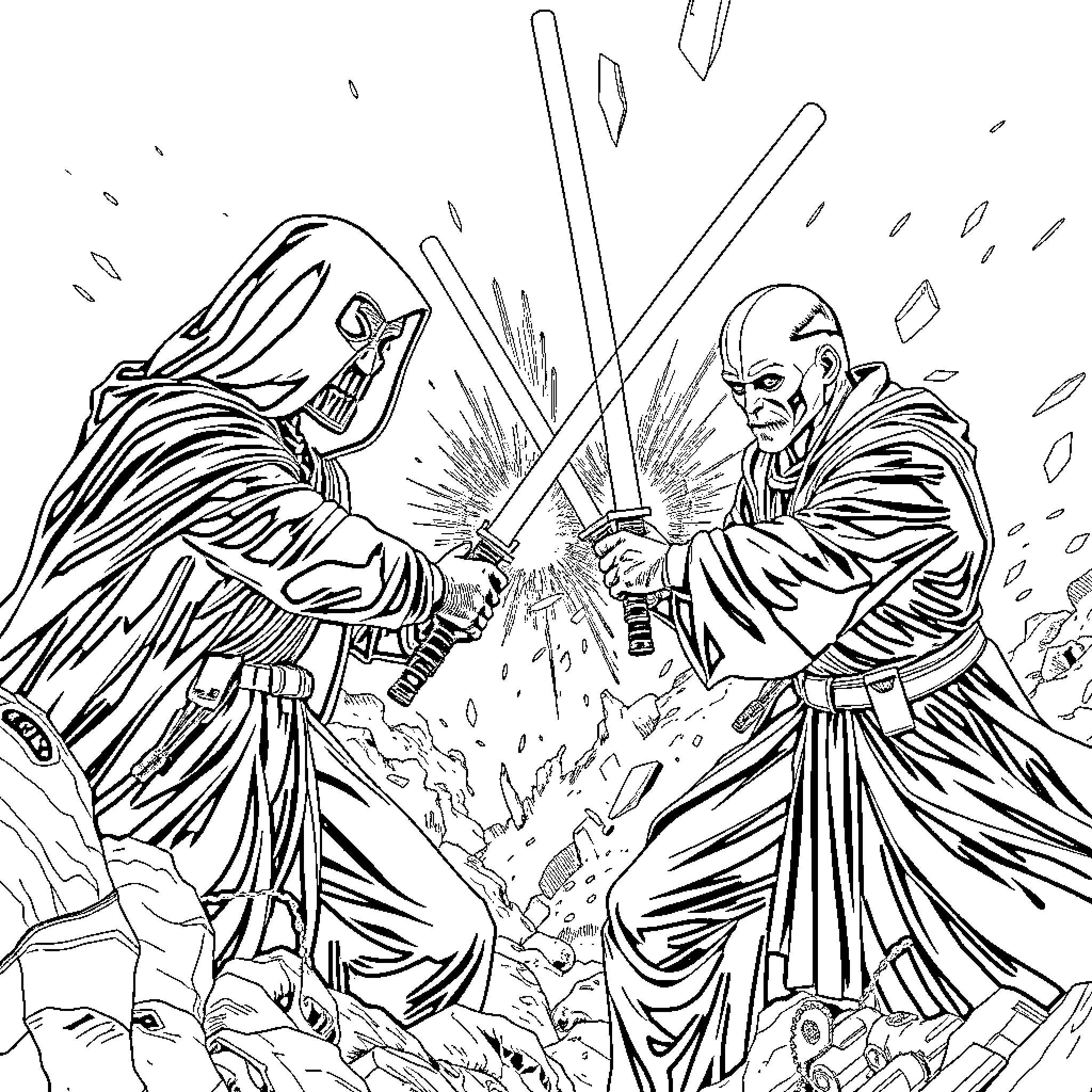 Sith Lords Engage in Fierce Lightsaber Duel Coloring Page (free black-and-white line drawing printable PDF for all, from beginners to advanced learners, including children, teens, adults, and seniors)
