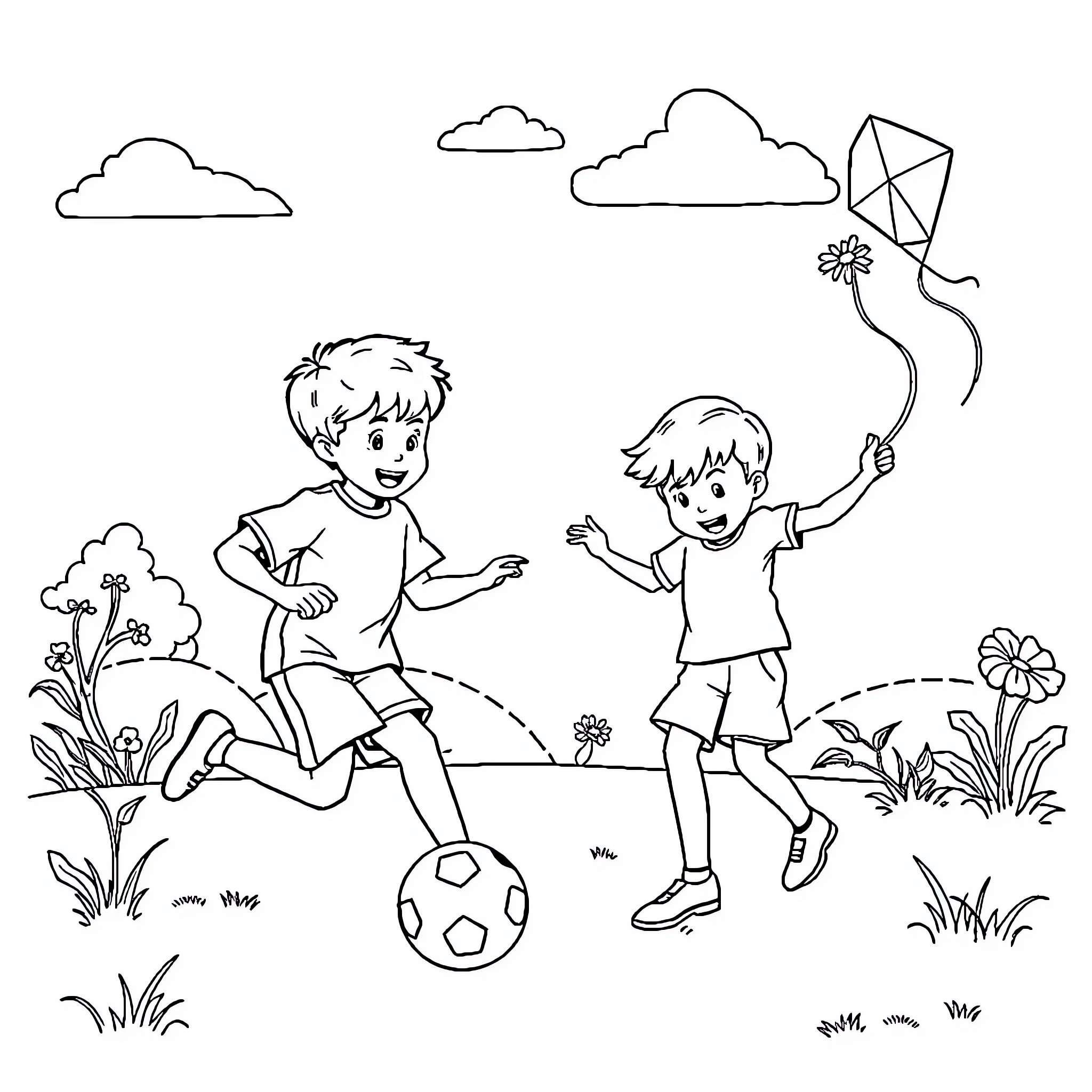 Children's Activity - Playing Outdoors with Kite and Soccer Ball Coloring Page (free black-and-white line drawing printable PDF for all, from beginners to advanced learners, including children, teens, adults, and seniors)