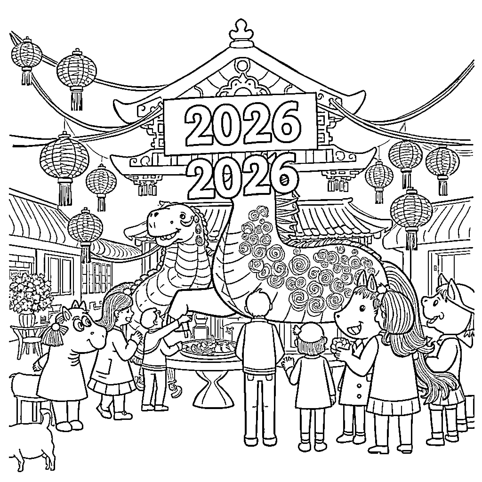 Horse-drawn carriage celebrating New Year 2026 Coloring Page (free black-and-white line drawing printable PDF for all, from beginners to advanced learners, including children, teens, adults, and seniors)
