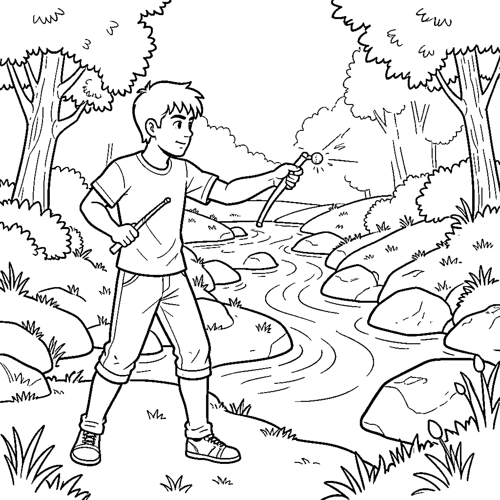 Joven Explorando la Naturaleza Coloring Page (free black-and-white line drawing printable PDF for all, from beginners to advanced learners, including children, teens, adults, and seniors)