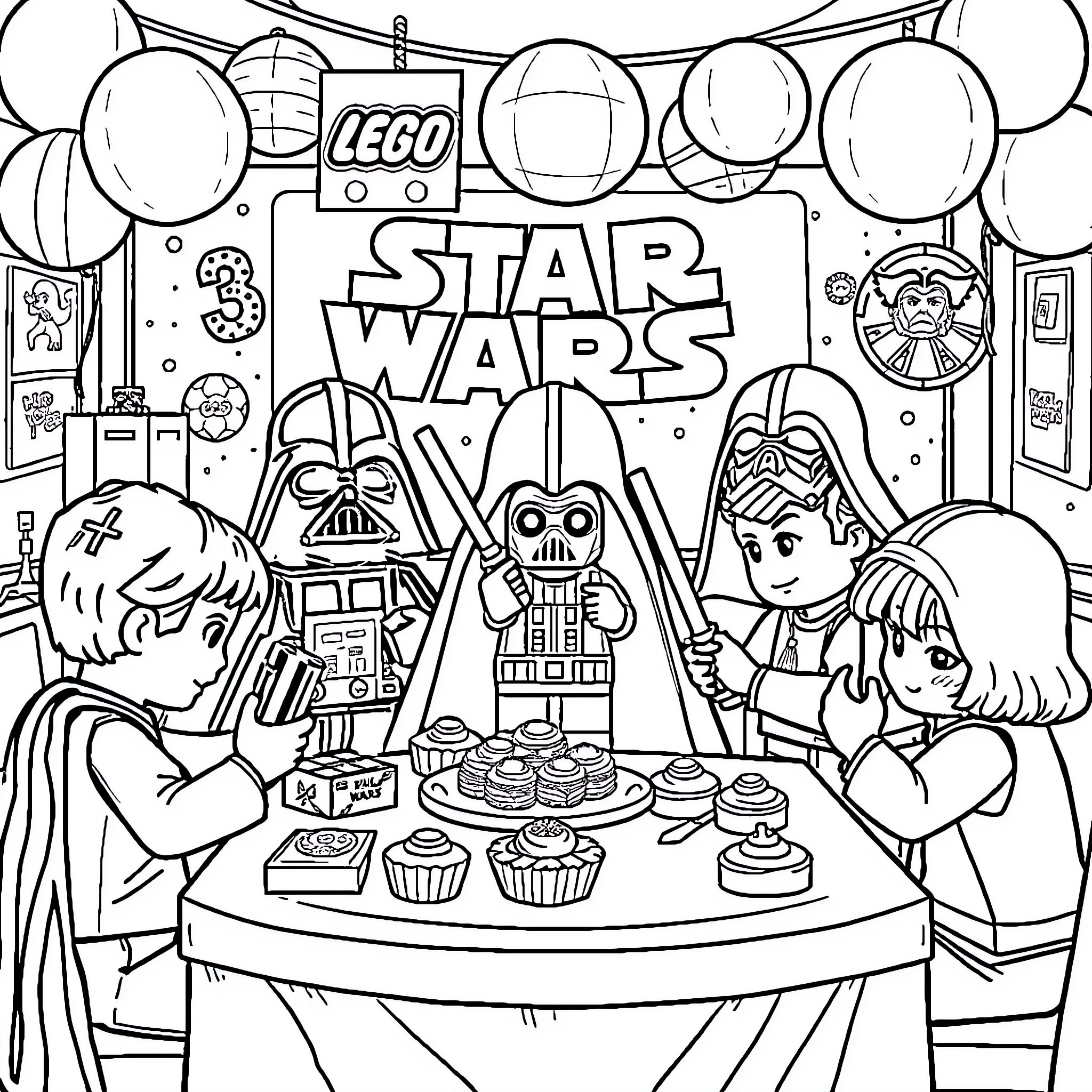 Lego Star Wars characters gathered for a celebration Coloring Page (free black-and-white line drawing printable PDF for all, from beginners to advanced learners, including children, teens, adults, and seniors)