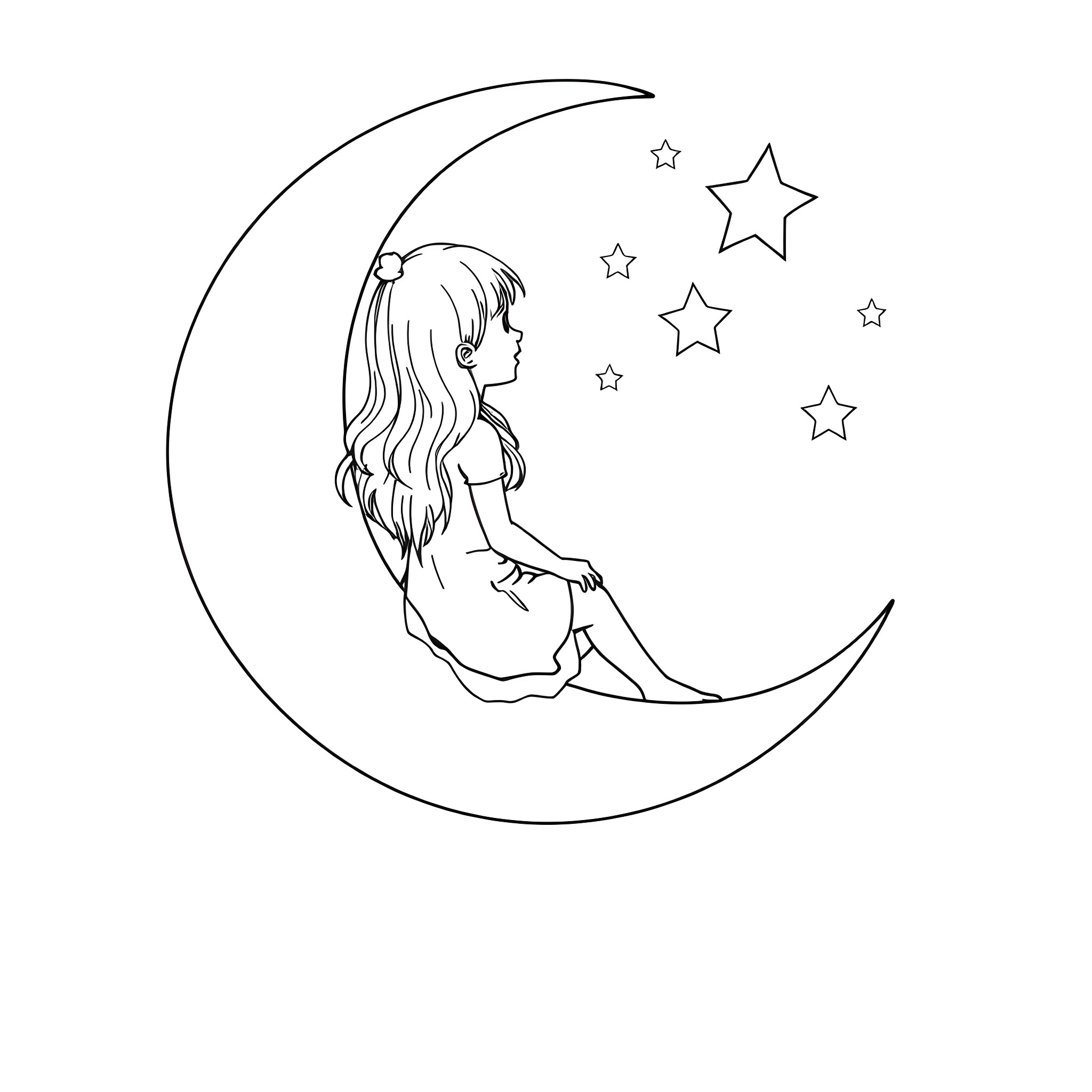 Girl sitting on crescent moon amid stars Coloring Page (free black-and-white line drawing printable PDF for all, from beginners to advanced learners, including children, teens, adults, and seniors)