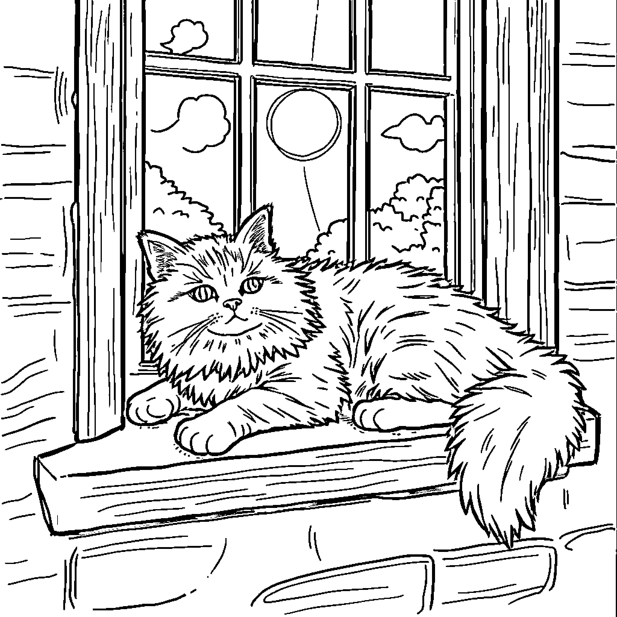 Cat resting peacefully in the windowsill Coloring Page (free black-and-white line drawing printable PDF for all, from beginners to advanced learners, including children, teens, adults, and seniors)