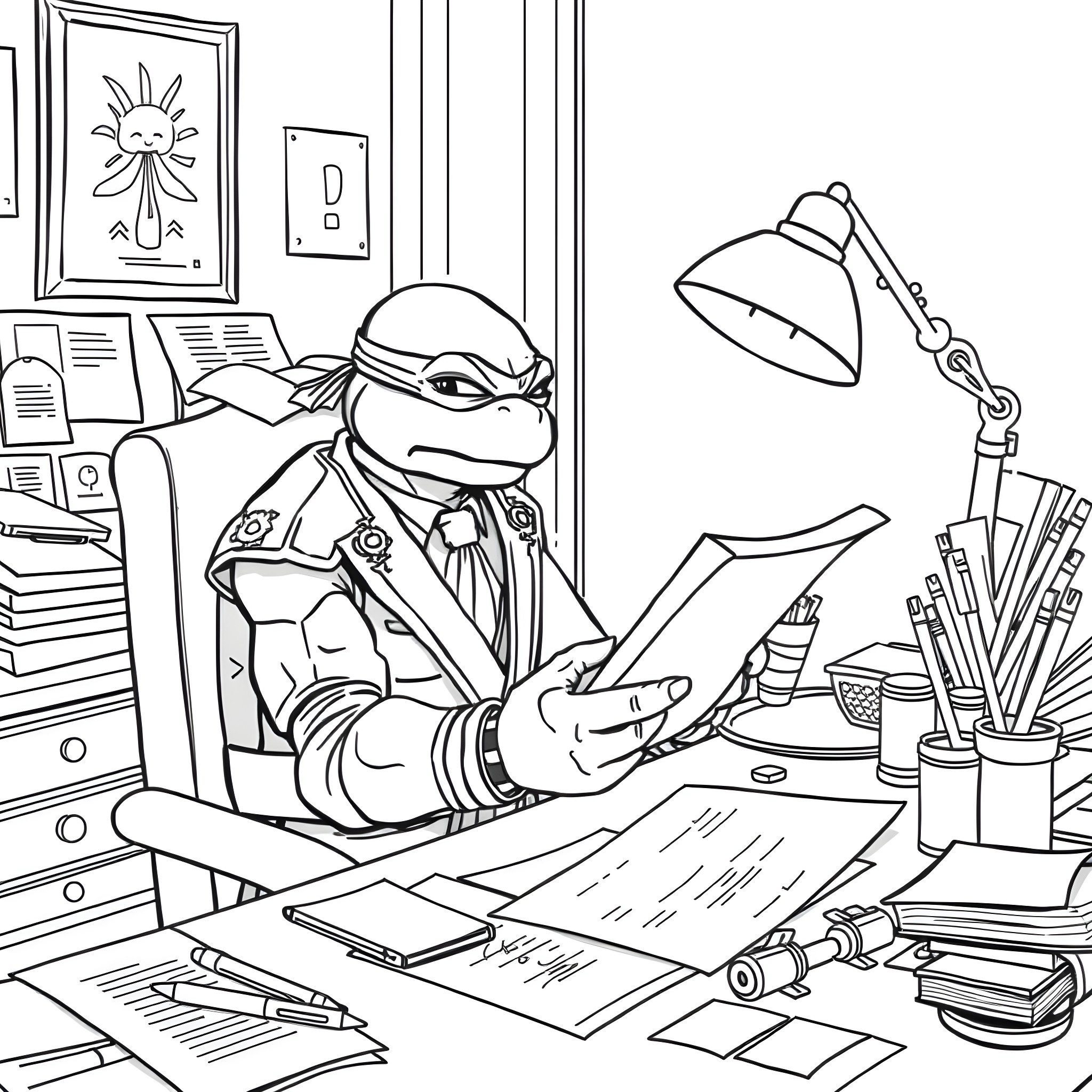 Ninja Turtle in a Busy Office Working Diligently Coloring Page (free black-and-white line drawing printable PDF for all, from beginners to advanced learners, including children, teens, adults, and seniors)