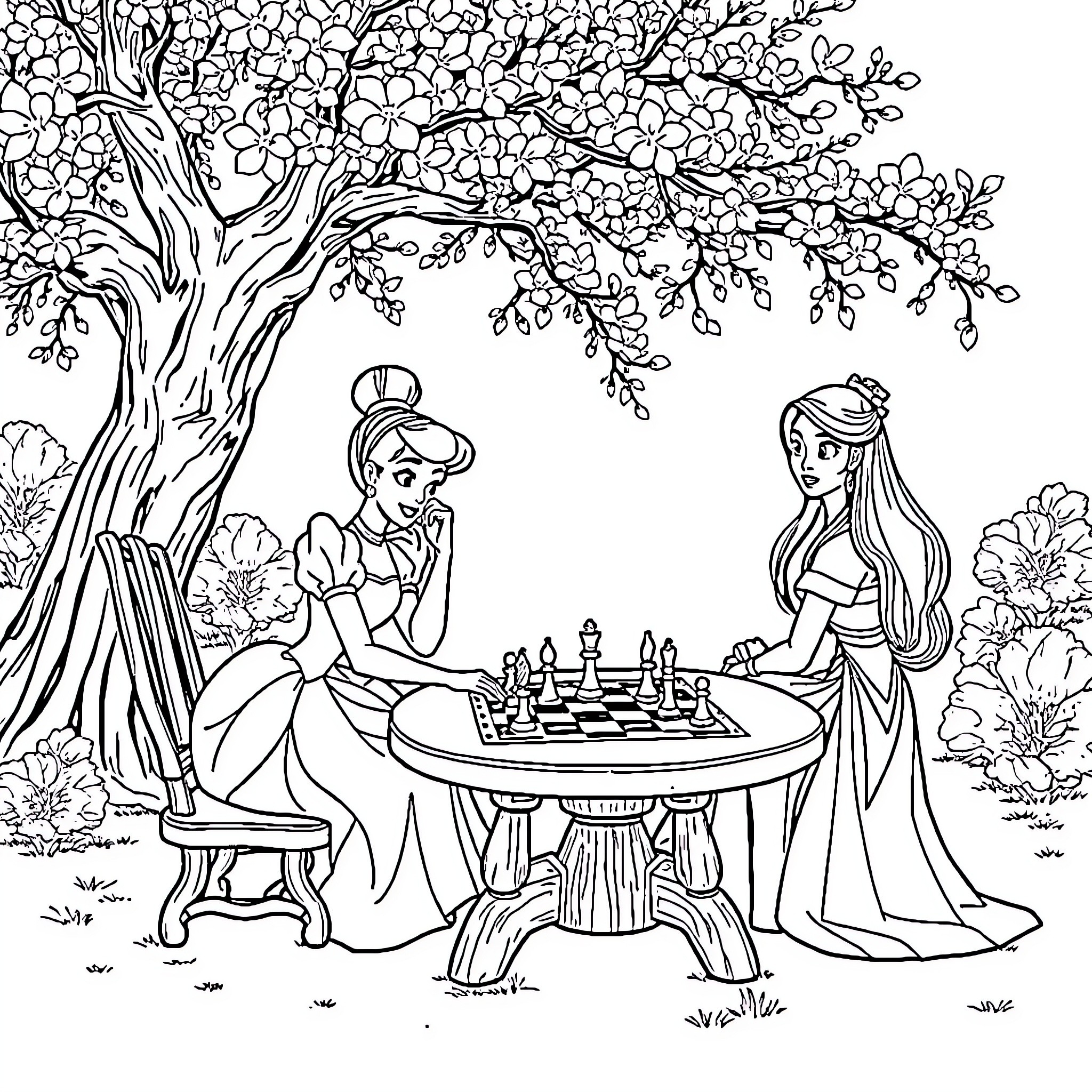 Cinderella playing chess with Princess Coloring Page (free black-and-white line drawing printable PDF for all, from beginners to advanced learners, including children, teens, adults, and seniors)