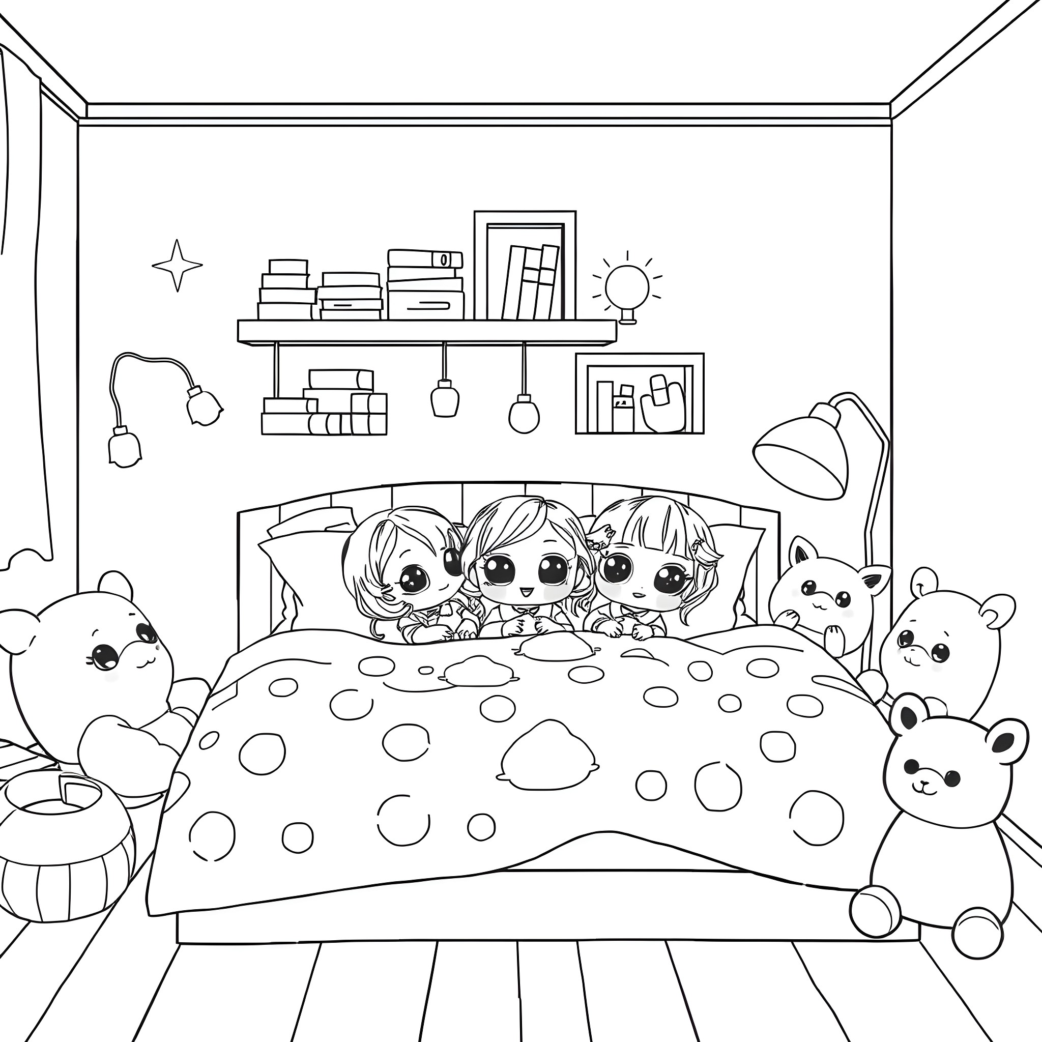 Doll-shaped Characters Snuggling in Bed with Plush Toys Coloring Page (free black-and-white line drawing printable PDF for all, from beginners to advanced learners, including children, teens, adults, and seniors)