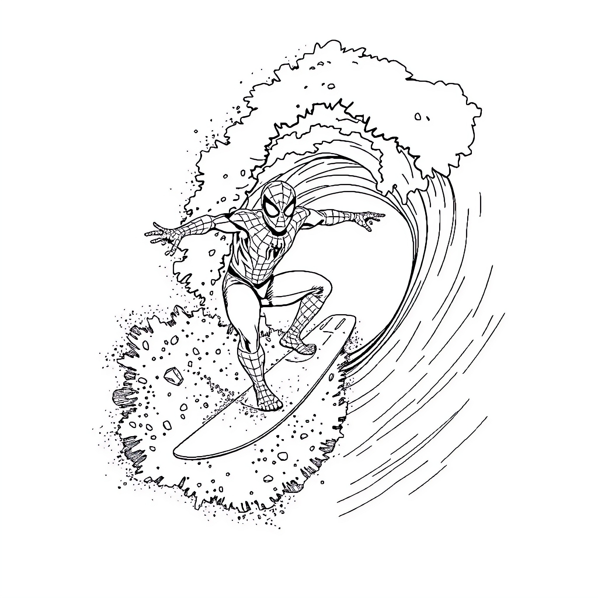 Spiderman surfing through a stormy wave Coloring Page (free black-and-white line drawing printable PDF for all, from beginners to advanced learners, including children, teens, adults, and seniors)