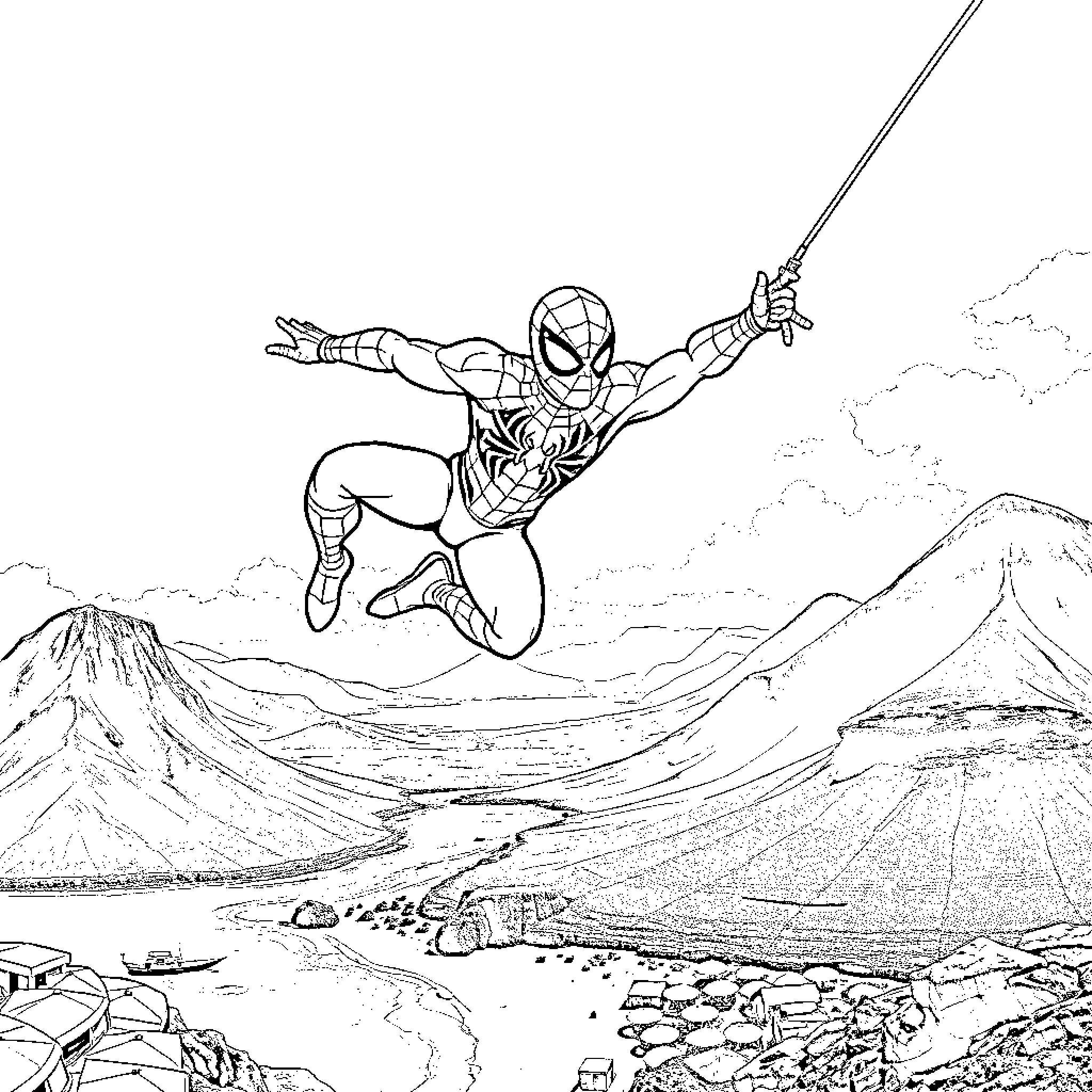 Spiderman swinging through the sky above a mountain landscape Coloring Page (free black-and-white line drawing printable PDF for all, from beginners to advanced learners, including children, teens, adults, and seniors)
