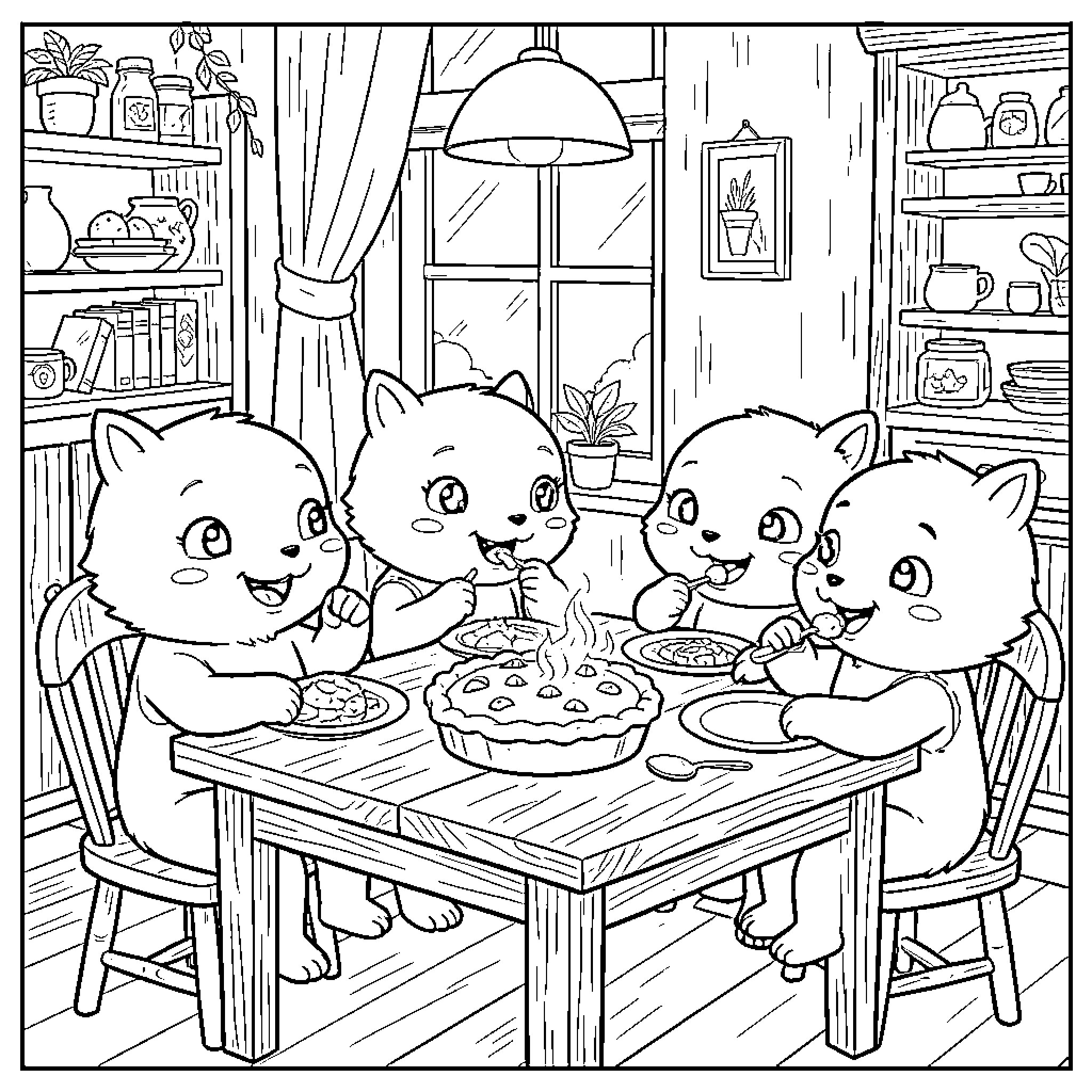 TumbleLeaf Kittens Enjoying a Cozy Meal Together Coloring Page (free black-and-white line drawing printable PDF for all, from beginners to advanced learners, including children, teens, adults, and seniors)