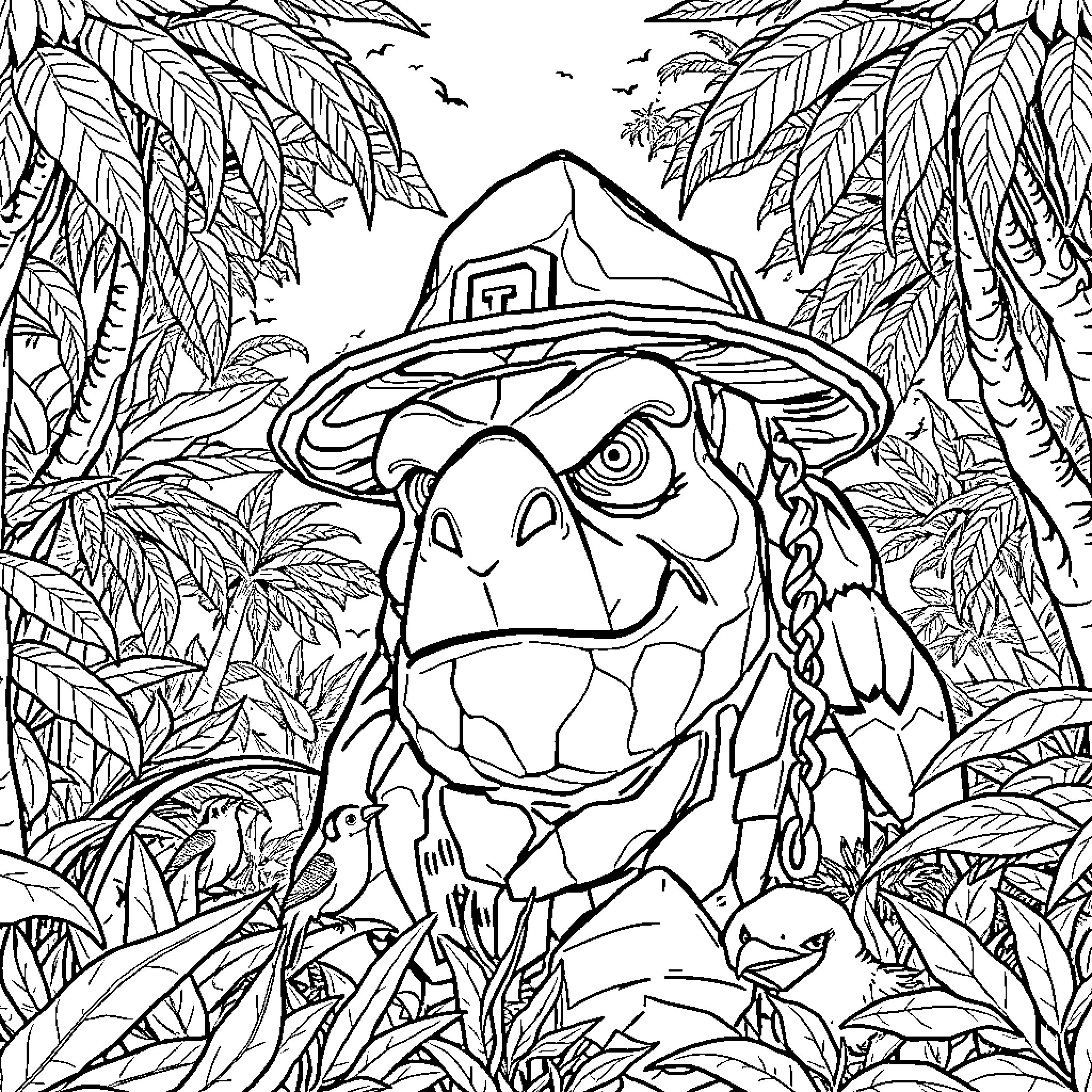 Mono Creature Peering Through Leafy Foliage Coloring Page (free black-and-white line drawing printable PDF for all, from beginners to advanced learners, including children, teens, adults, and seniors)