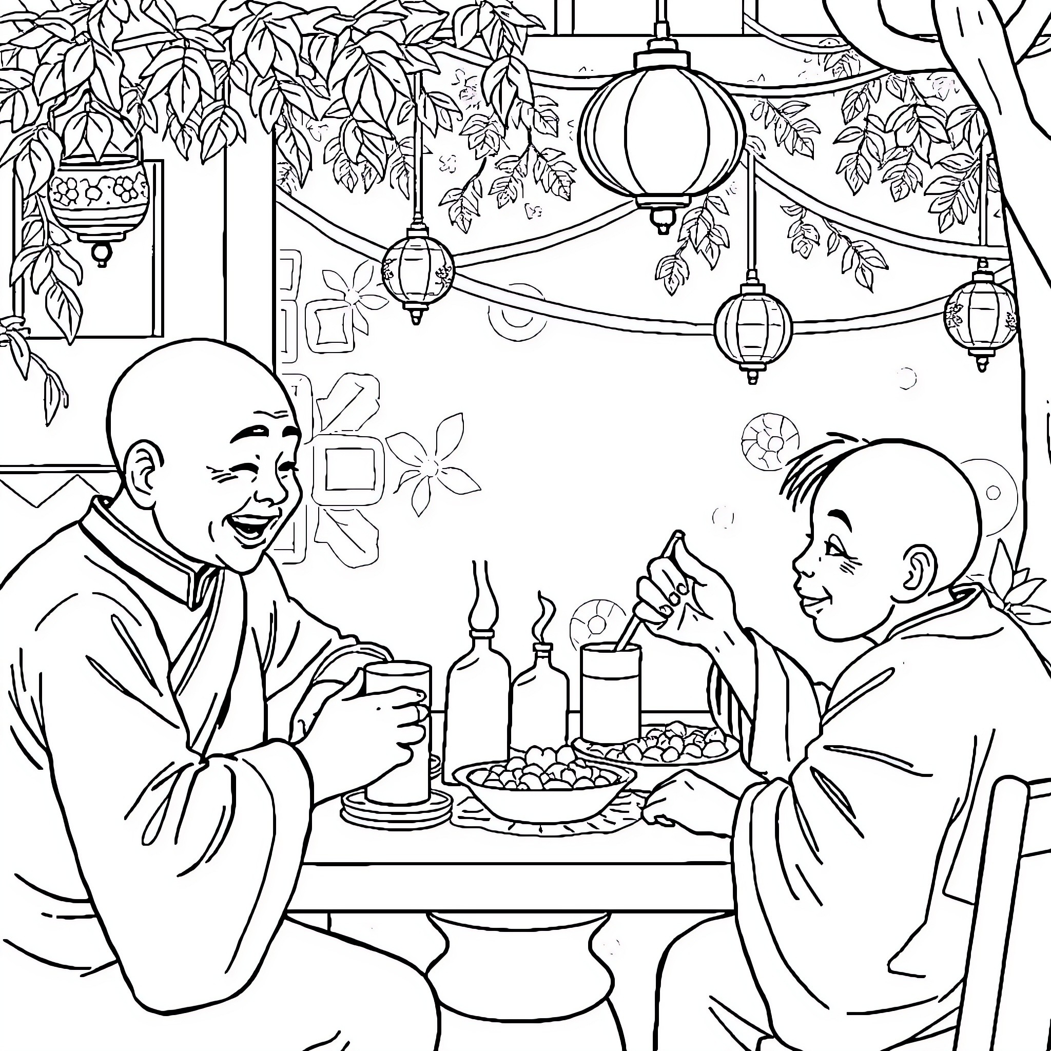Tung Tung Dining and Laughing Monks Coloring Page (free black-and-white line drawing printable PDF for all, from beginners to advanced learners, including children, teens, adults, and seniors)