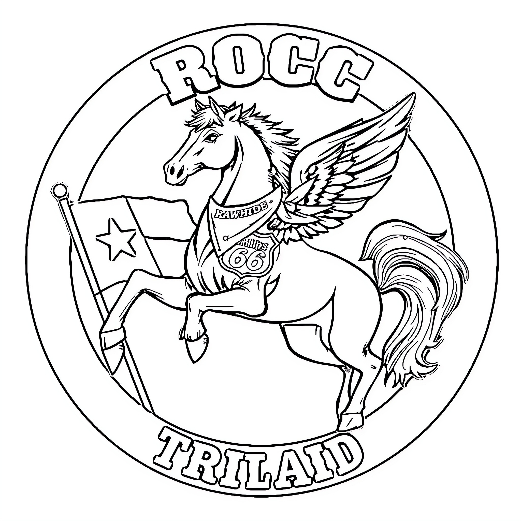 Pegasus riding triumphantly with flag and wings Coloring Page (free black-and-white line drawing printable PDF for all, from beginners to advanced learners, including children, teens, adults, and seniors)