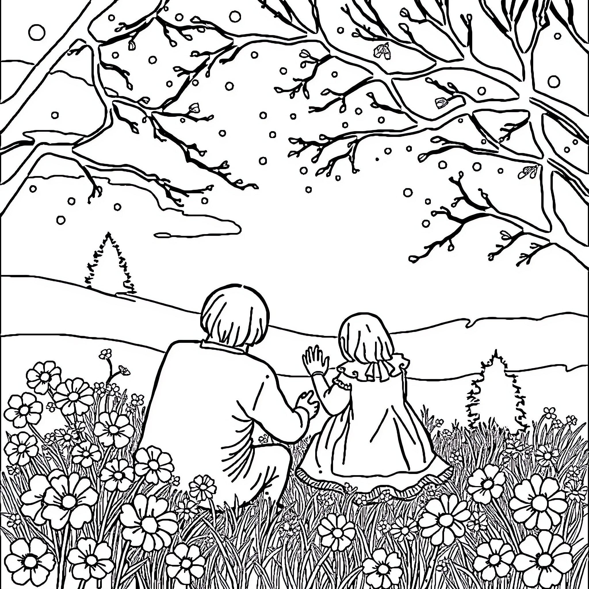 Remembrance of winter's tranquil embrace Coloring Page (free black-and-white line drawing printable PDF for all, from beginners to advanced learners, including children, teens, adults, and seniors)