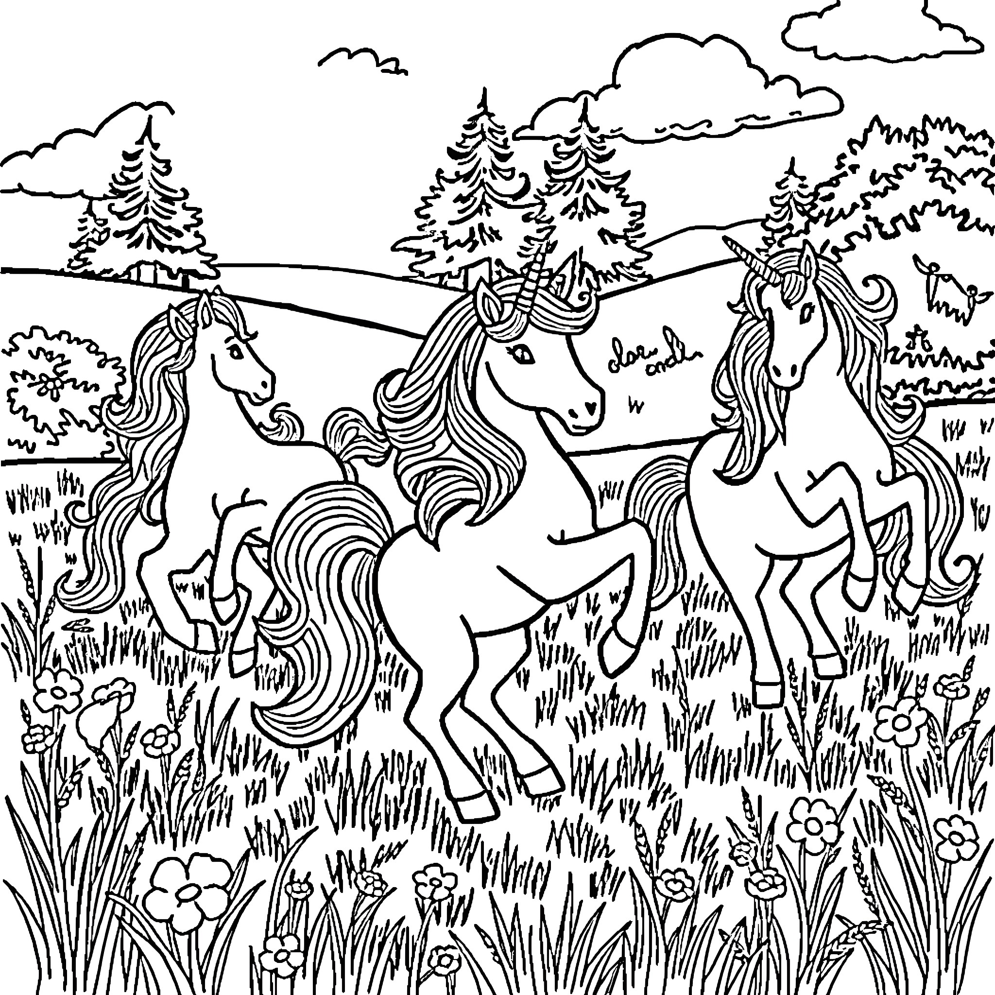 Unicorn Companions Frolicking in Enchanted Forest Coloring Page (free black-and-white line drawing printable PDF for all, from beginners to advanced learners, including children, teens, adults, and seniors)