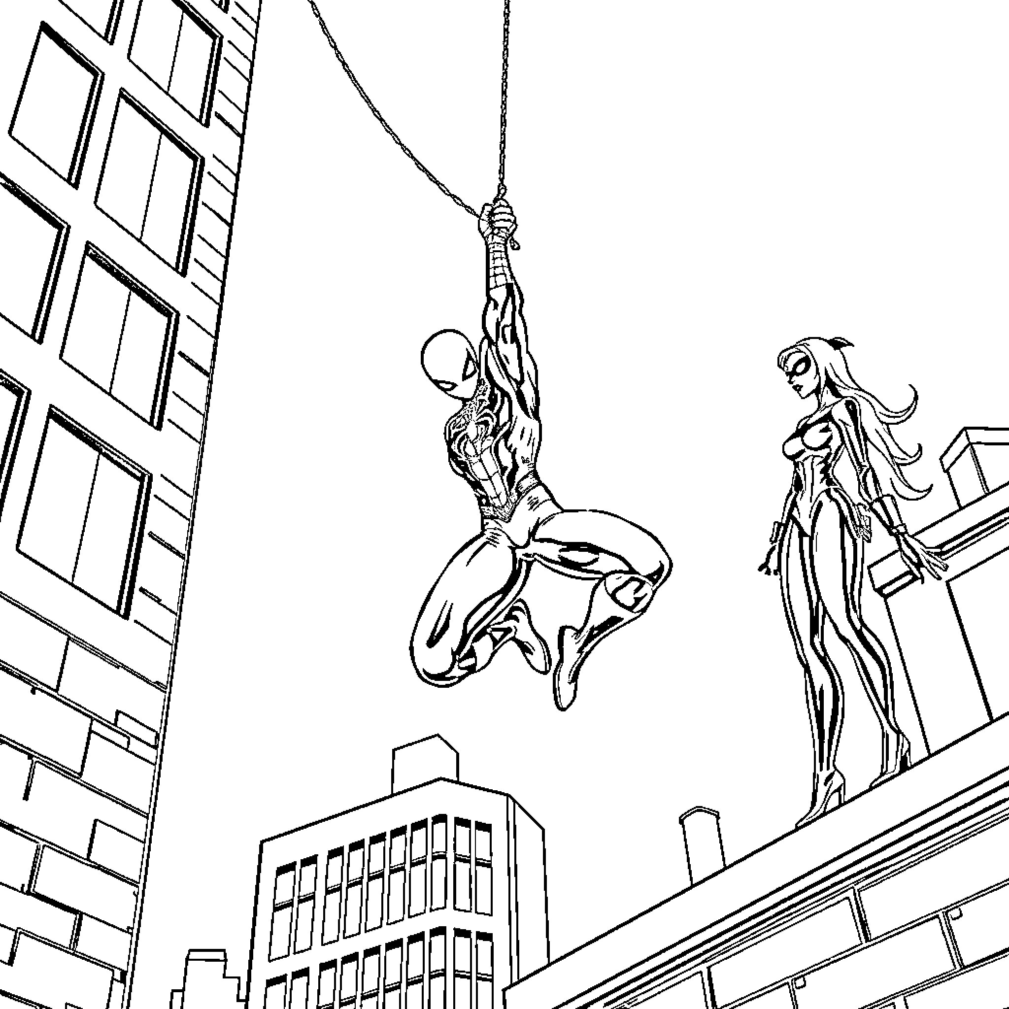 Spiderman swinging on a web near a rooftop Coloring Page (free black-and-white line drawing printable PDF for all, from beginners to advanced learners, including children, teens, adults, and seniors)