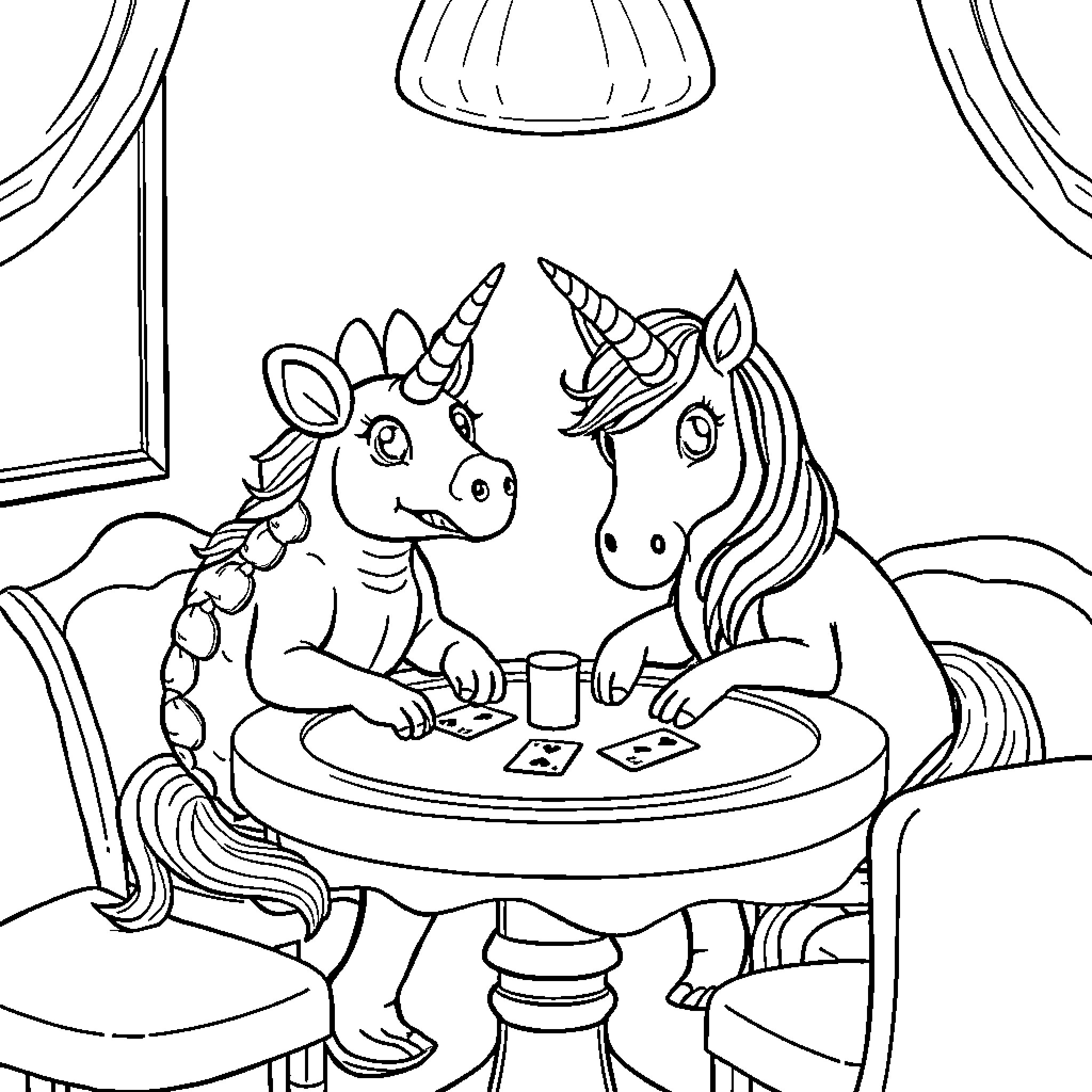 Unicorn friends playing cards in cozy room Coloring Page (free black-and-white line drawing printable PDF for all, from beginners to advanced learners, including children, teens, adults, and seniors)