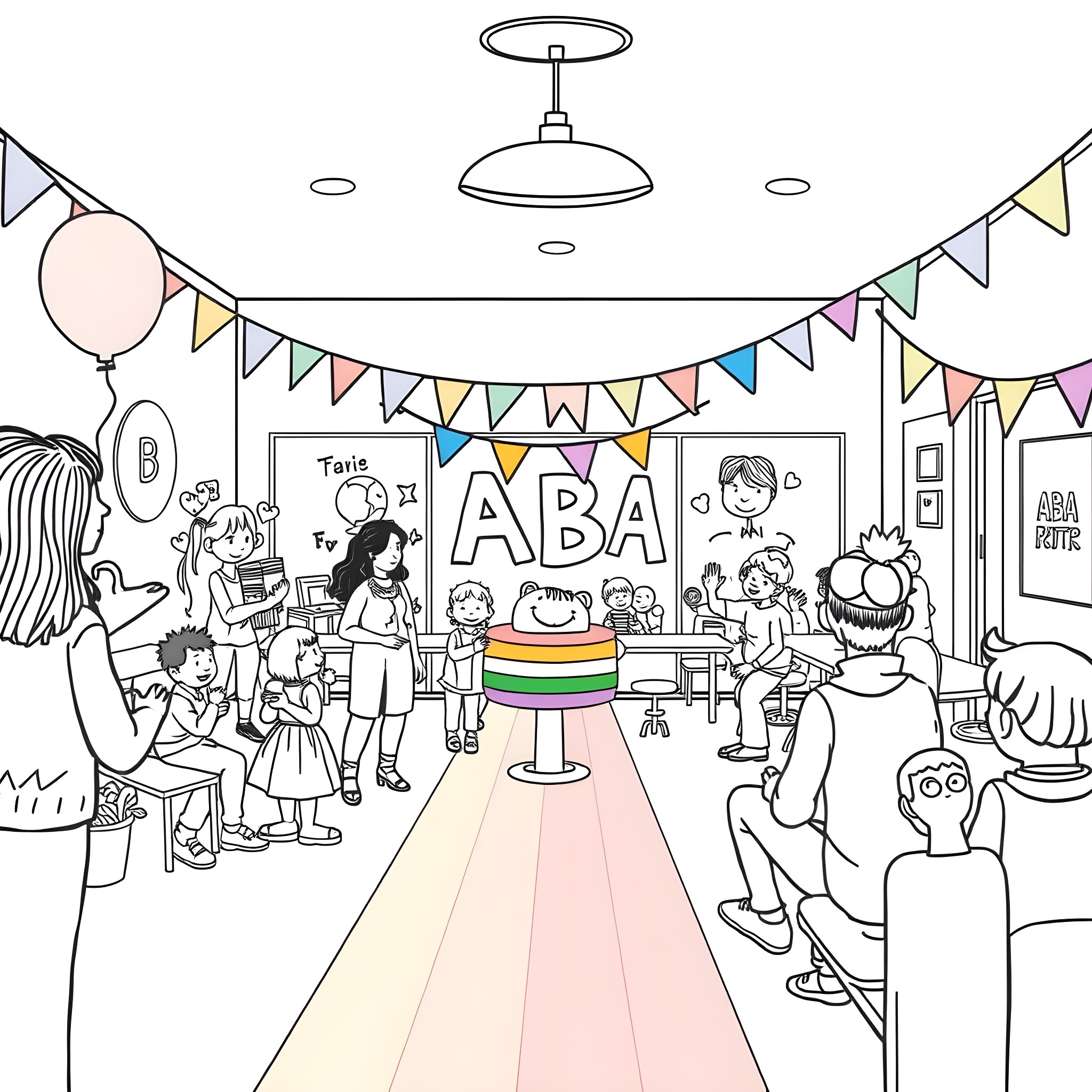 Pride Celebration with Joyful Gathering and Decorations Coloring Page (free black-and-white line drawing printable PDF for all, from beginners to advanced learners, including children, teens, adults, and seniors)