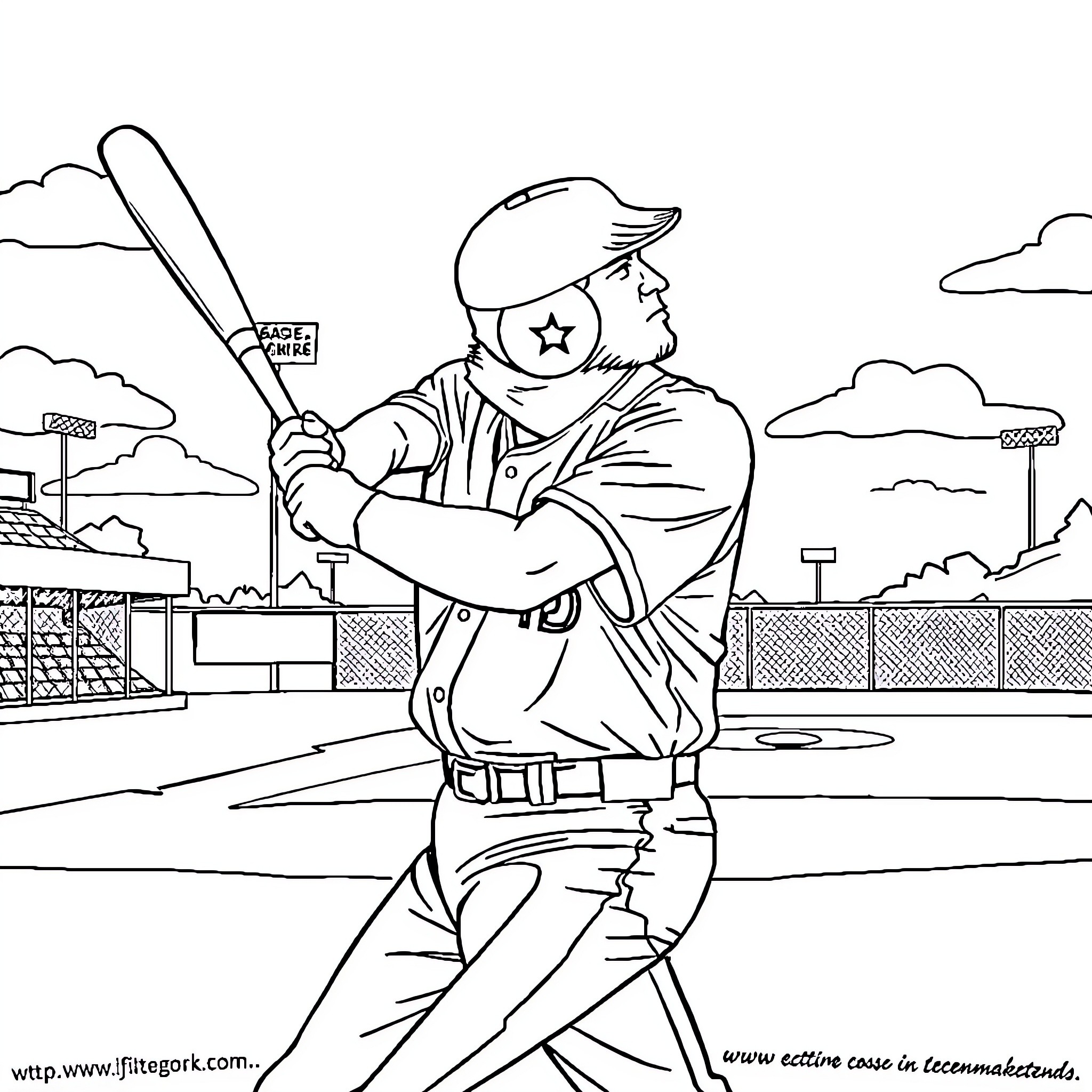 Trump Playing Baseball in Stadium Scene Coloring Page (free black-and-white line drawing printable PDF for all, from beginners to advanced learners, including children, teens, adults, and seniors)