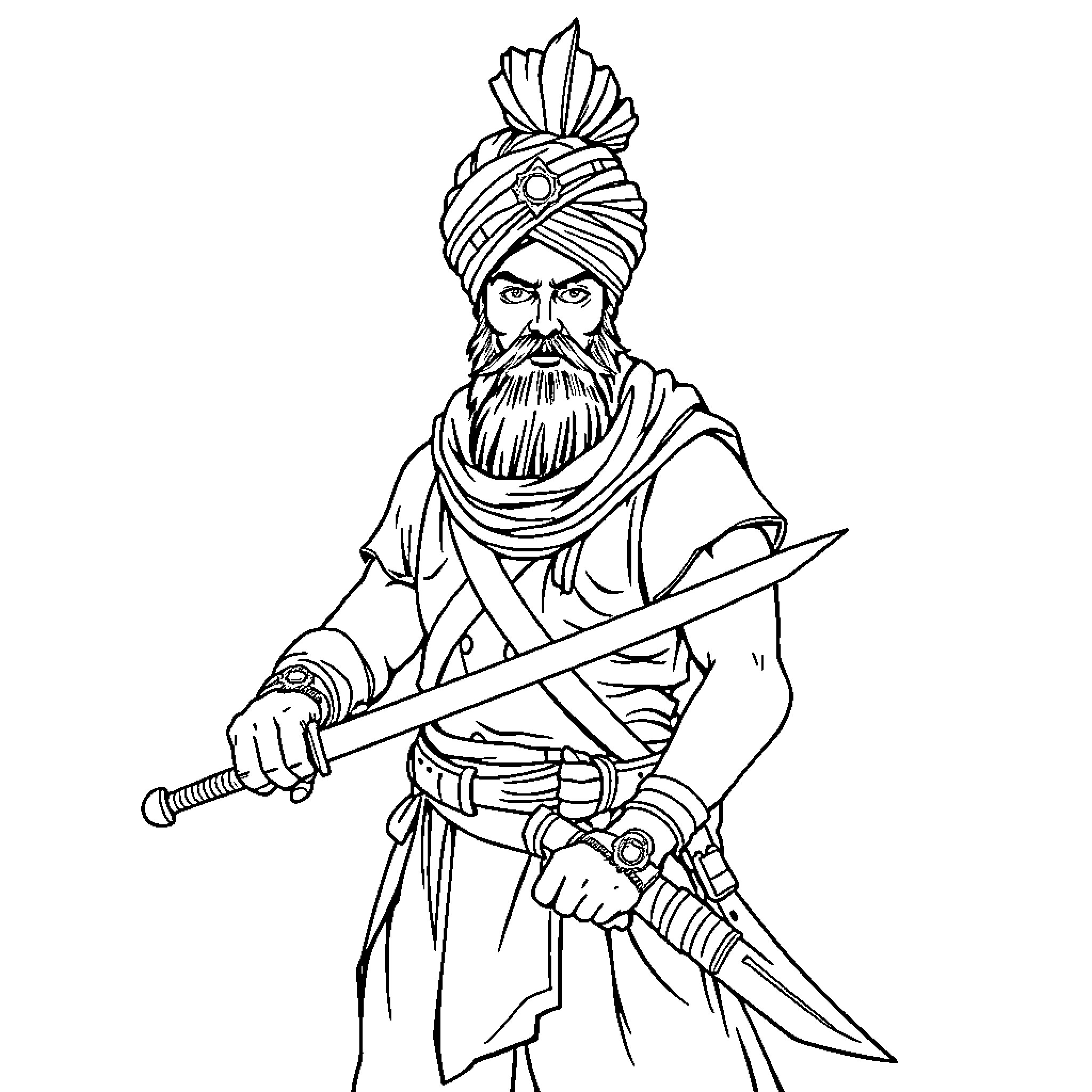 Sikh Warrior with Sword and Turban Coloring Page (free black-and-white line drawing printable PDF for all, from beginners to advanced learners, including children, teens, adults, and seniors)