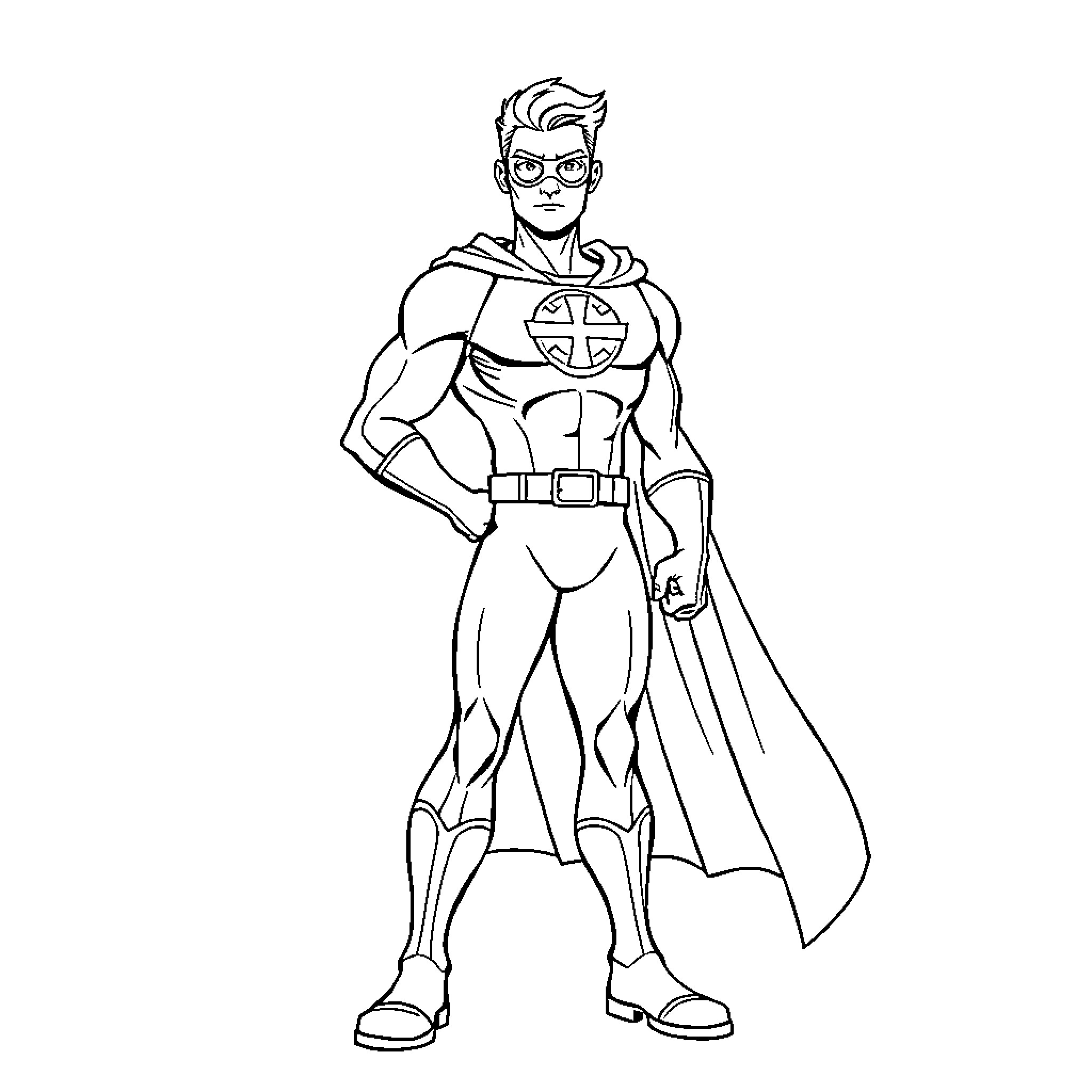 Superhero in heroic pose with cape and symbol Coloring Page (free black-and-white line drawing printable PDF for all, from beginners to advanced learners, including children, teens, adults, and seniors)