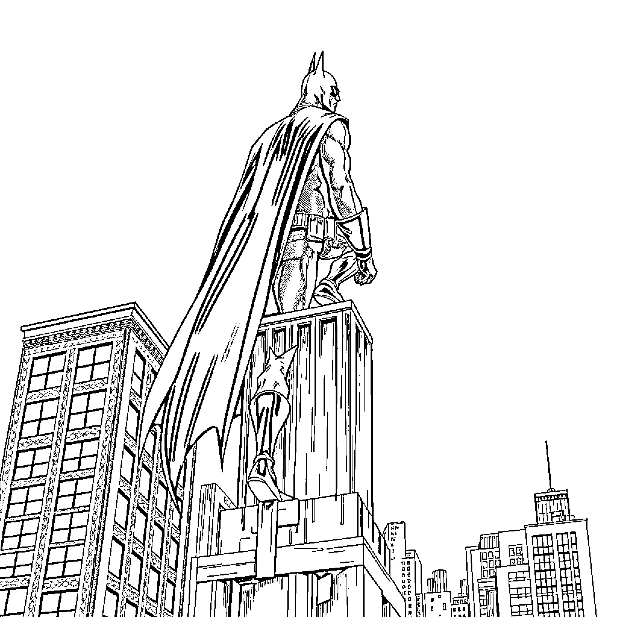 Batman standing tall over the city skyline Coloring Page (free black-and-white line drawing printable PDF for all, from beginners to advanced learners, including children, teens, adults, and seniors)